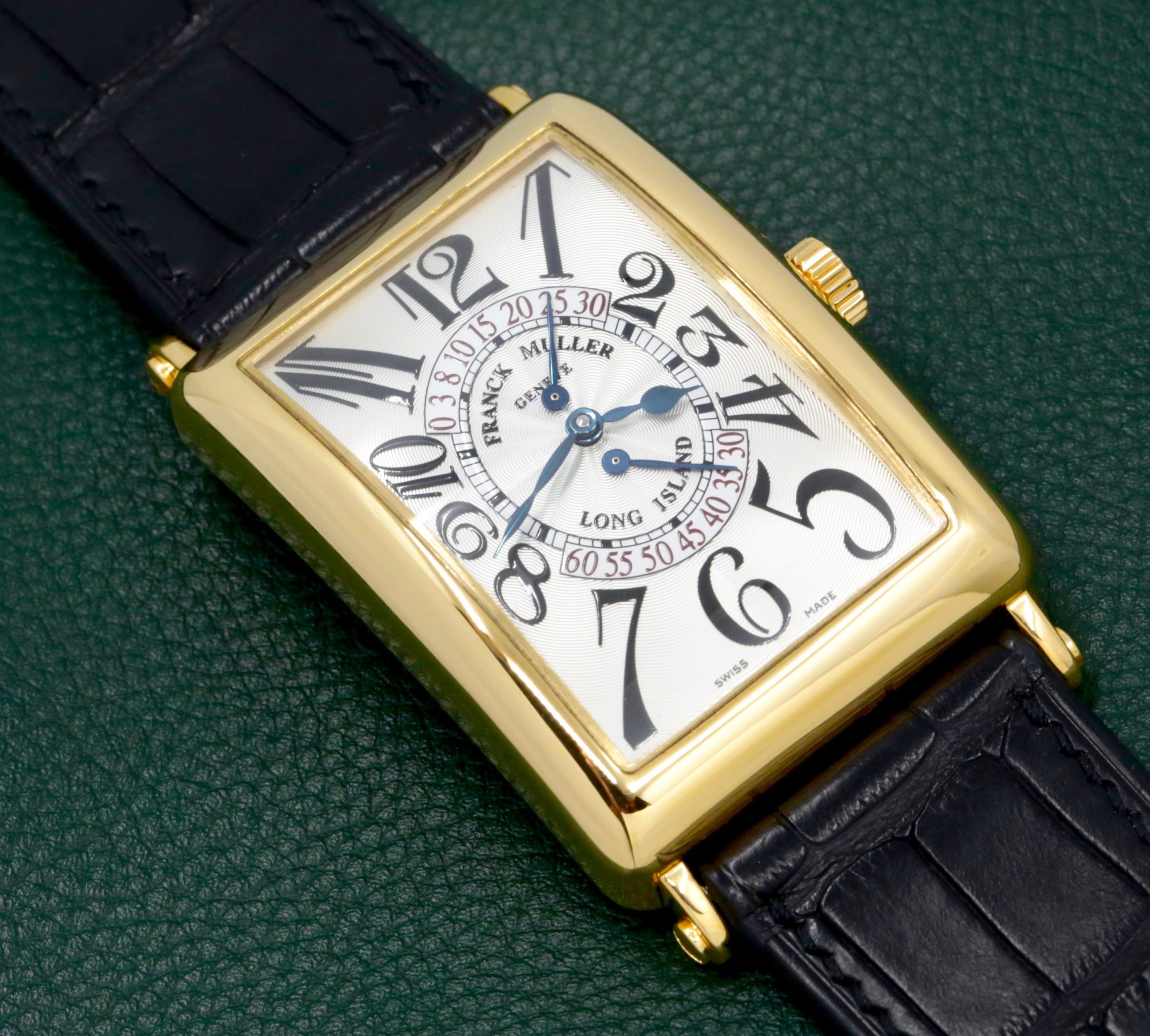 Franck Muller Long Island Double Second Retrograde, in 18ct Yellow Gold, Silver Guilloche Dial with Arab Numerals, on Black Crocodile Leather Strap with 18ct Yellow Gold Franck Muller Tang Buckle, Ref. 1100 DS R, Circa 2008