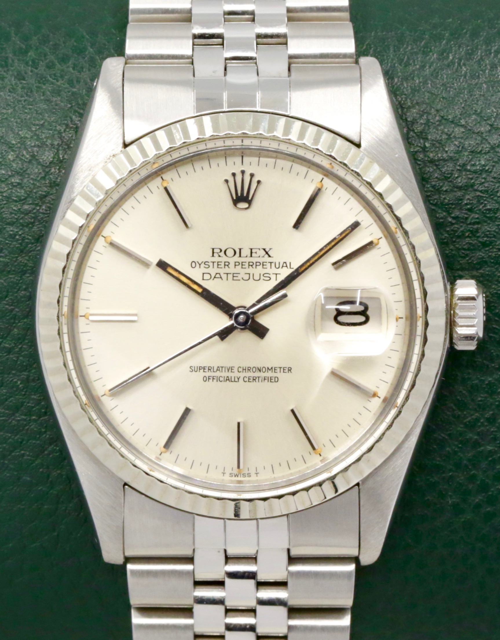 Rolex Oyster Perpetual Datejust, Stainless Steel, 18ct White Gold Fluted Bezel, Silver Index Dial, on Stainless Steel Rolex Jubilee Bracelet, Ref. 16014, Circa: 1979, with Rolex Box