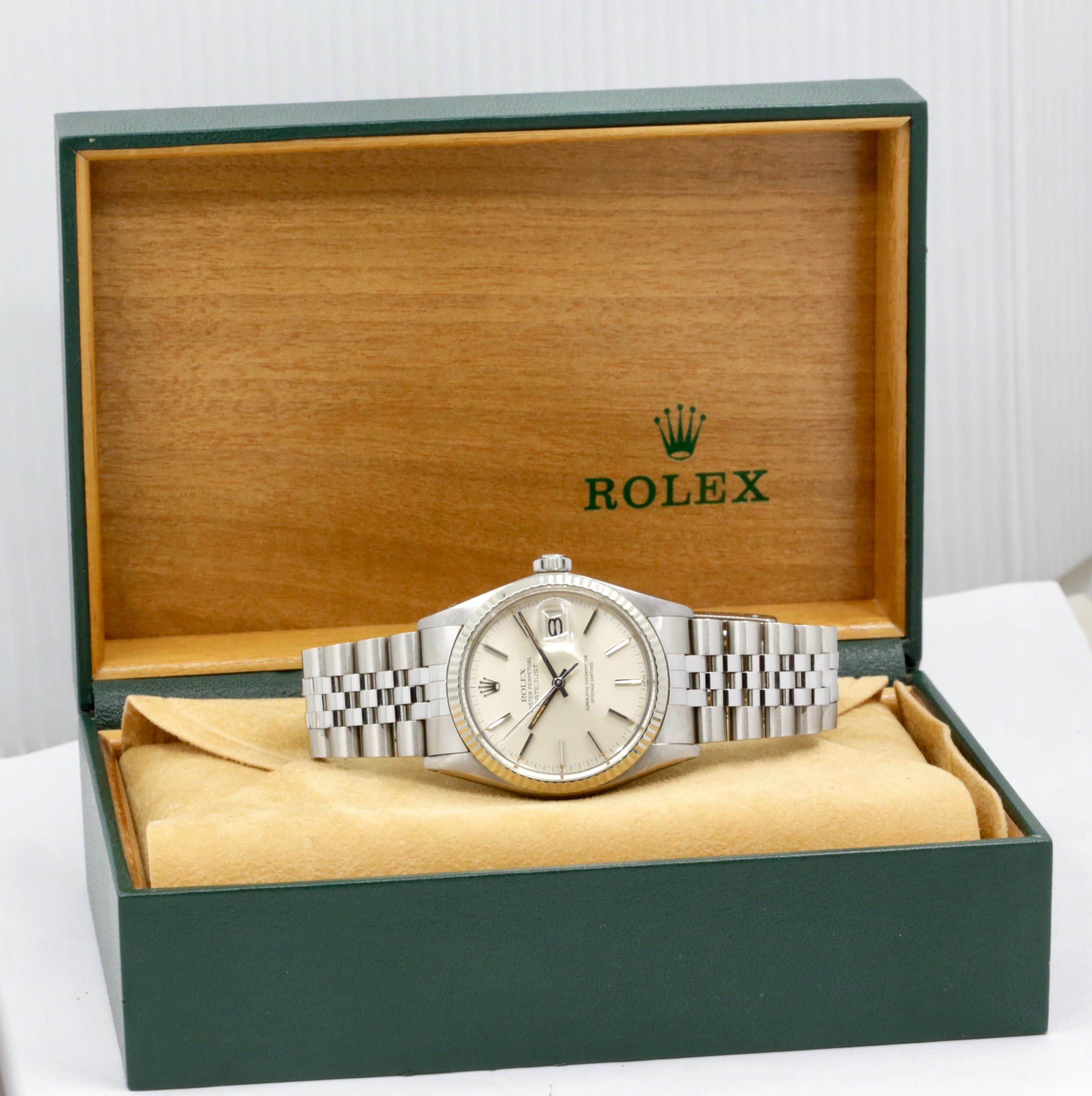 Rolex Oyster Perpetual Datejust, Stainless Steel, 18ct White Gold Fluted Bezel, Silver Index Dial, on Stainless Steel Rolex Jubilee Bracelet, Ref. 16014, Circa: 1979, with Rolex Box - Image 7