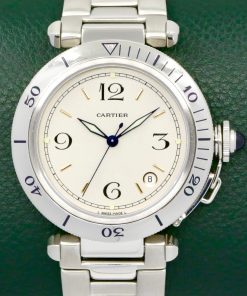 Cartier Pasha 38mm, Stainless‑Steel, Automatic, Ivory Dial with Index Markers & Arabic Numerals, Rotating Bezel, on a Cartier Stainless Steel Bracelet Ref: W3100655, with Cartier Box, Cartier Service Receipt and Balance of 2 Year Cartier Service Warranty