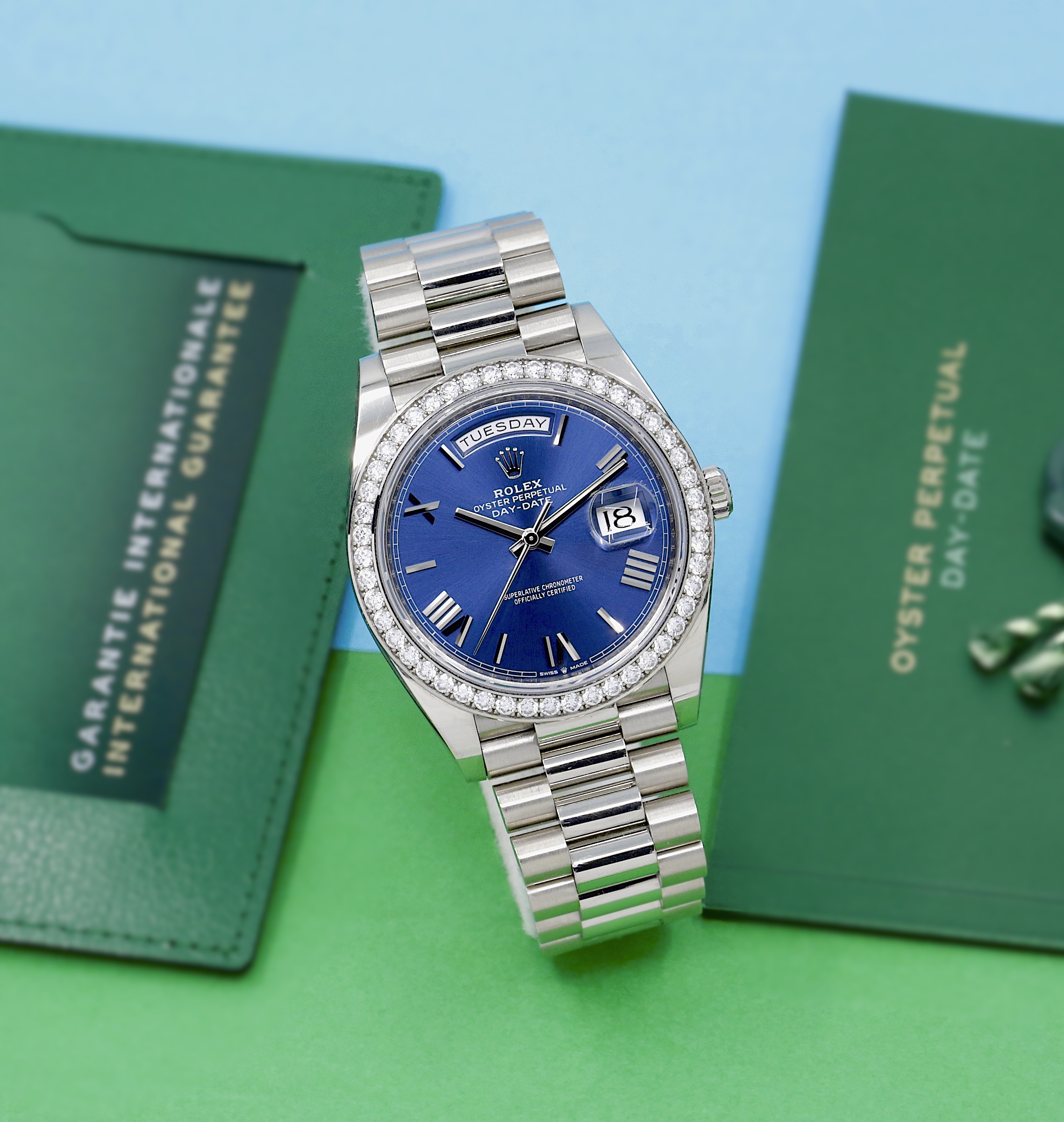 Rolex Day-Date 40, in 18ct White Gold, with Factory Set Diamond Bezel, Blue Roman Dial, on 18ct White Gold Rolex President Bracelet, Ref. 228349RBR, Circa: 2021, with Box, Books, Green & White Swing Tags, & Rolex Warranty Card - Image 2