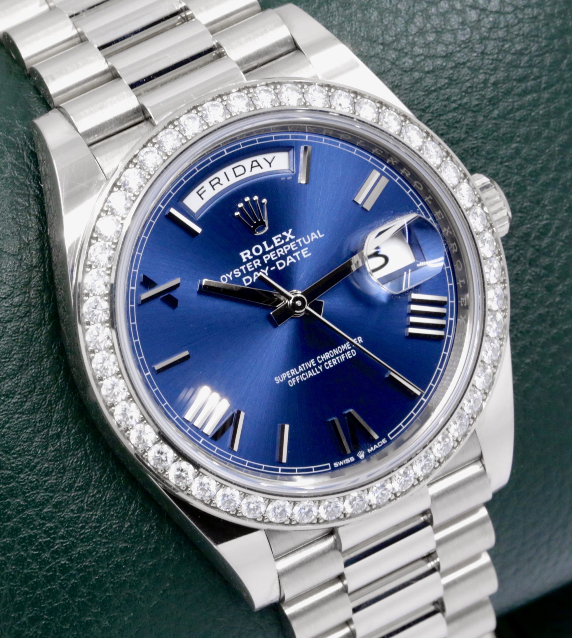 Rolex Day-Date 40, in 18ct White Gold, with Factory Set Diamond Bezel, Blue Roman Dial, on 18ct White Gold Rolex President Bracelet, Ref. 228349RBR, Circa: 2021, with Box, Books, Green & White Swing Tags, & Rolex Warranty Card - Image 3