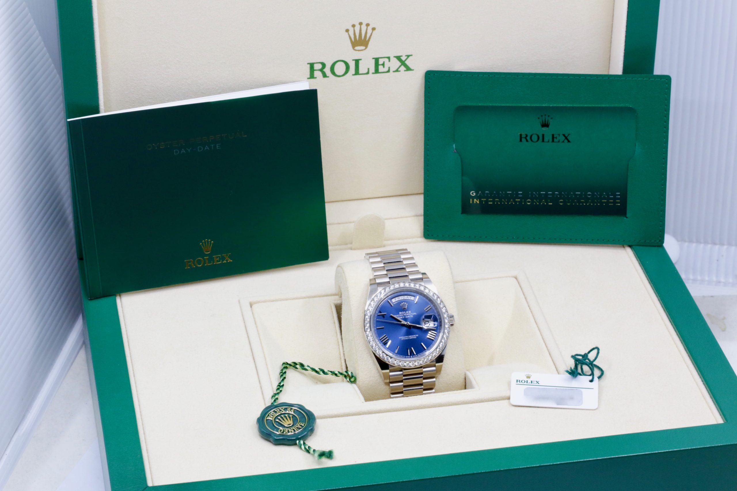 Rolex Day-Date 40, in 18ct White Gold, with Factory Set Diamond Bezel, Blue Roman Dial, on 18ct White Gold Rolex President Bracelet, Ref. 228349RBR, Circa: 2021, with Box, Books, Green & White Swing Tags, & Rolex Warranty Card - Image 8
