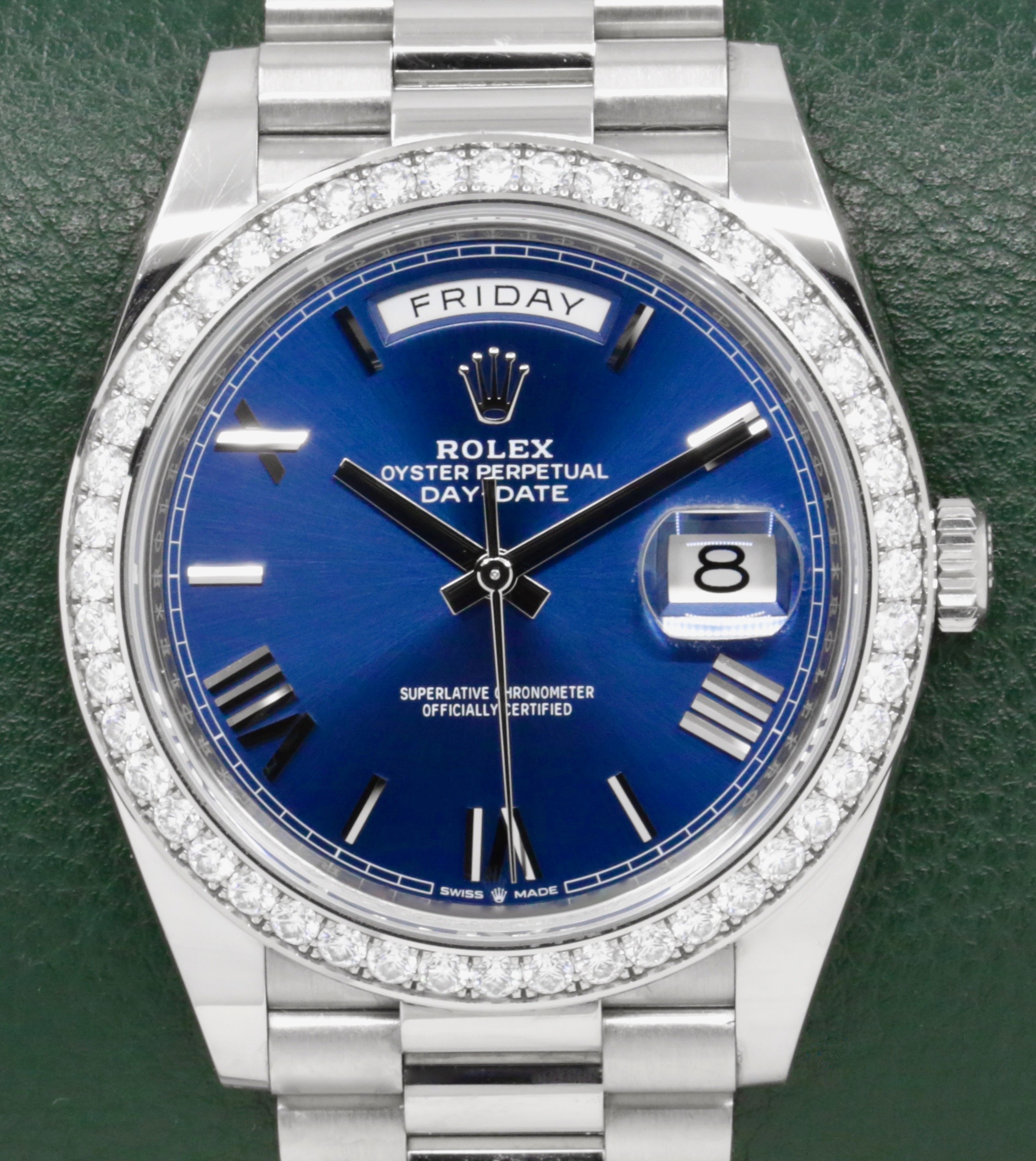 Rolex Day-Date 40, in 18ct White Gold, with Factory Set Diamond Bezel, Blue Roman Dial, on 18ct White Gold Rolex President Bracelet, Ref. 228349RBR, Circa: 2021, with Box, Books, Green & White Swing Tags, & Rolex Warranty Card