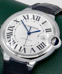 Cartier Ballon Bleu 42mm in Stainless Steel , Silver Guilloché Roman Dial, Cabochon Crown, Automatic Movement, on Black Alligator Strap with Cartier Deployant Clasp, Ref: W69016Z4, with Box and Papers, Circa 2014 *UNWORN!!