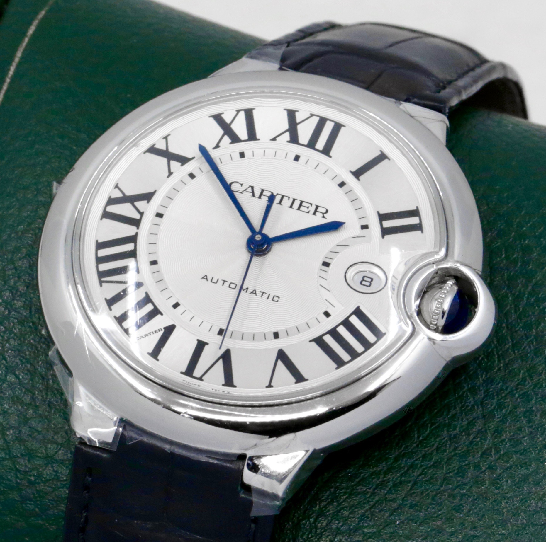 Cartier Ballon Bleu 42mm in Stainless Steel , Silver Guilloché Roman Dial, Cabochon Crown, Automatic Movement, on Black Alligator Strap with Cartier Deployant Clasp, Ref: W69016Z4, with Box and Papers, Circa 2014 *UNWORN!!