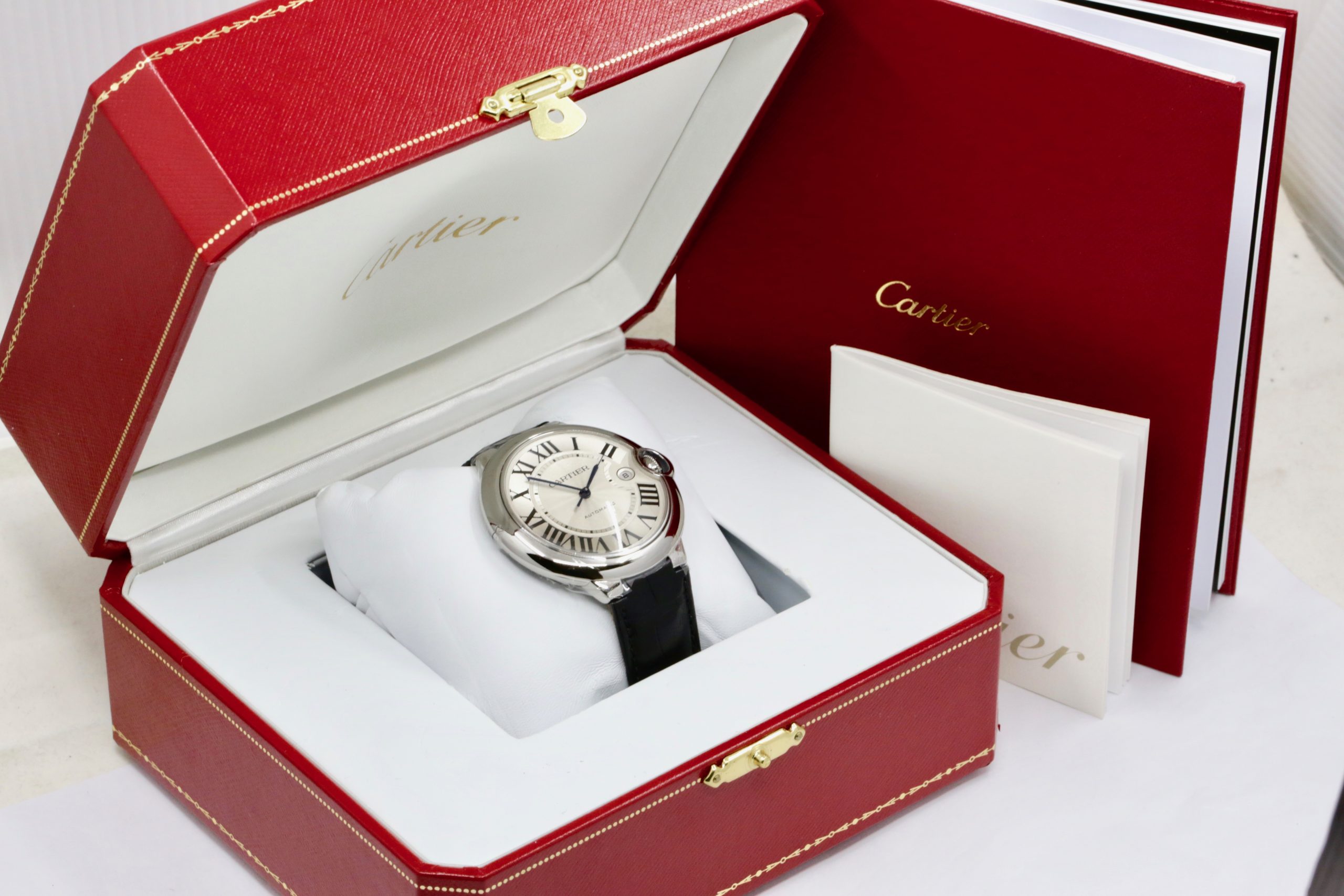 Cartier Ballon Bleu 42mm in Stainless Steel , Silver Guilloché Roman Dial, Cabochon Crown, Automatic Movement, on Black Alligator Strap with Cartier Deployant Clasp, Ref: W69016Z4, with Box and Papers, Circa 2014 *UNWORN!! - Image 8