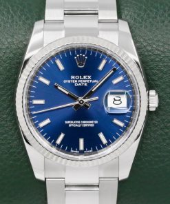 Rolex Oyster Perpetual Date 34 in Stainless Steel, 18ct White Gold Fluted Bezel, Blue Index Dial, Rolex Oystersteel Bracelet, Ref. 115234, Circa: 2021, with Box, Books, & Rolex Warranty Card
