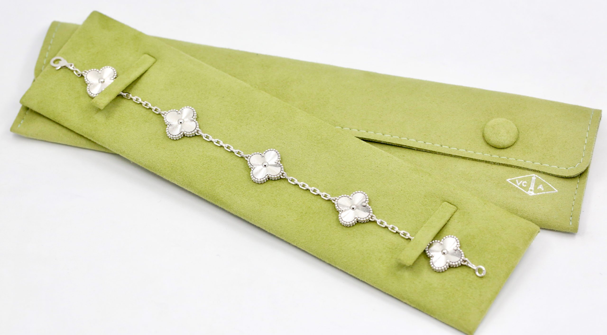 Van Cleef & Arpels Vintage Alhambra Bracelet, 5 Motifs, in 18ct White Gold, Size 18, Ref. VCARP9XE00, with Van Cleef & Arpels Pouch & Van Cleef & Arpels Service Invoice