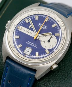 Alternative view of Vintage Heuer Carrera, Automatic Chronograph, Stainless Steel, Original Blue Index Dial, on Blue Perforated Leather Strap, Ref. 1553N, Circa: 1970's - $4,900 - sold as traded