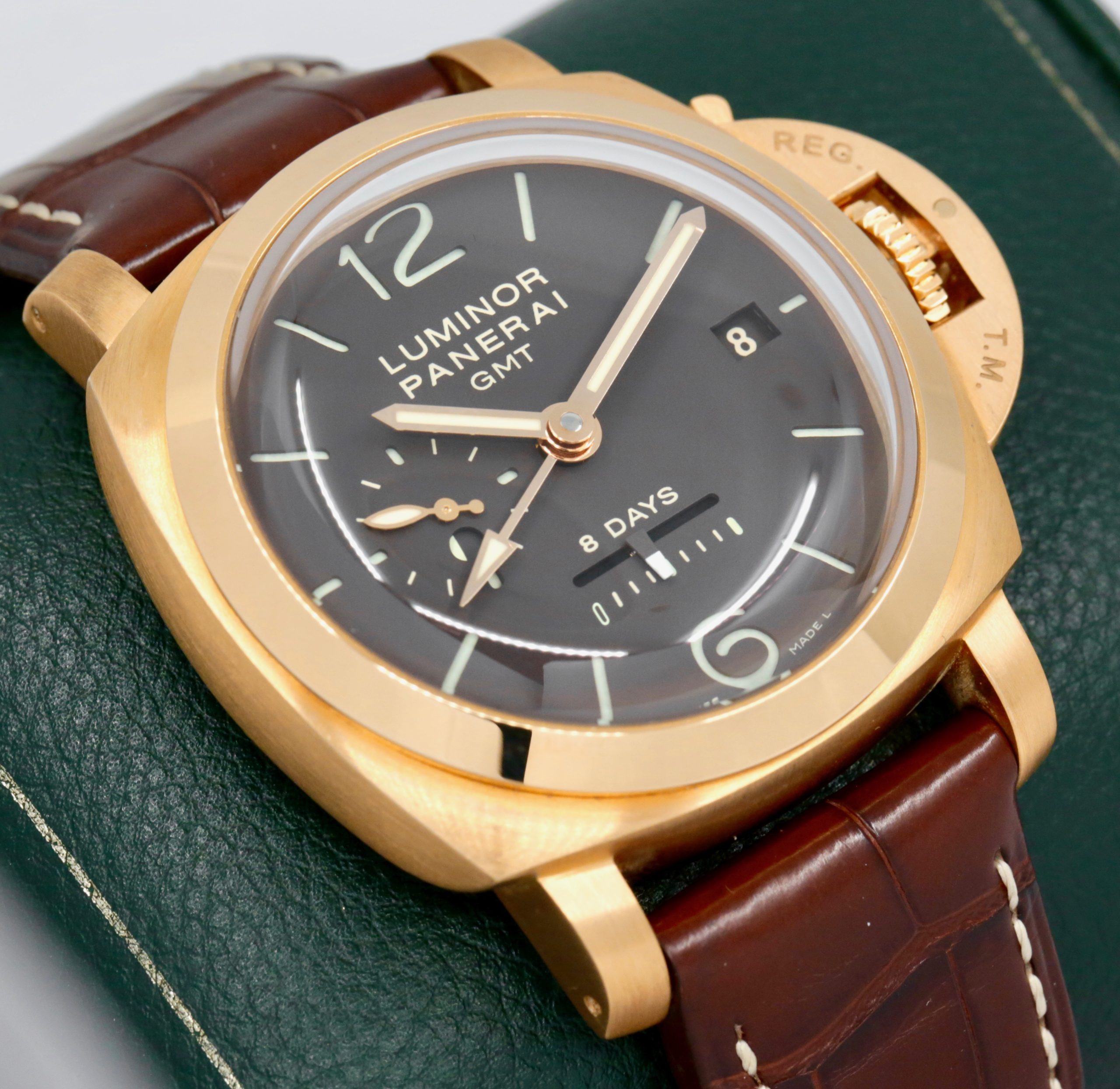 Panerai Luminor 1950 GMT 8 Days GMT Oro Rosa, in 18ct Rose Gold, Brown Sandwich Dial, on Panerai Alligator Strap & 18ct Rose Gold Panerai Tang Buckle, Ref: PAM00289, Circa: 2009, Complete with Box & Papers,