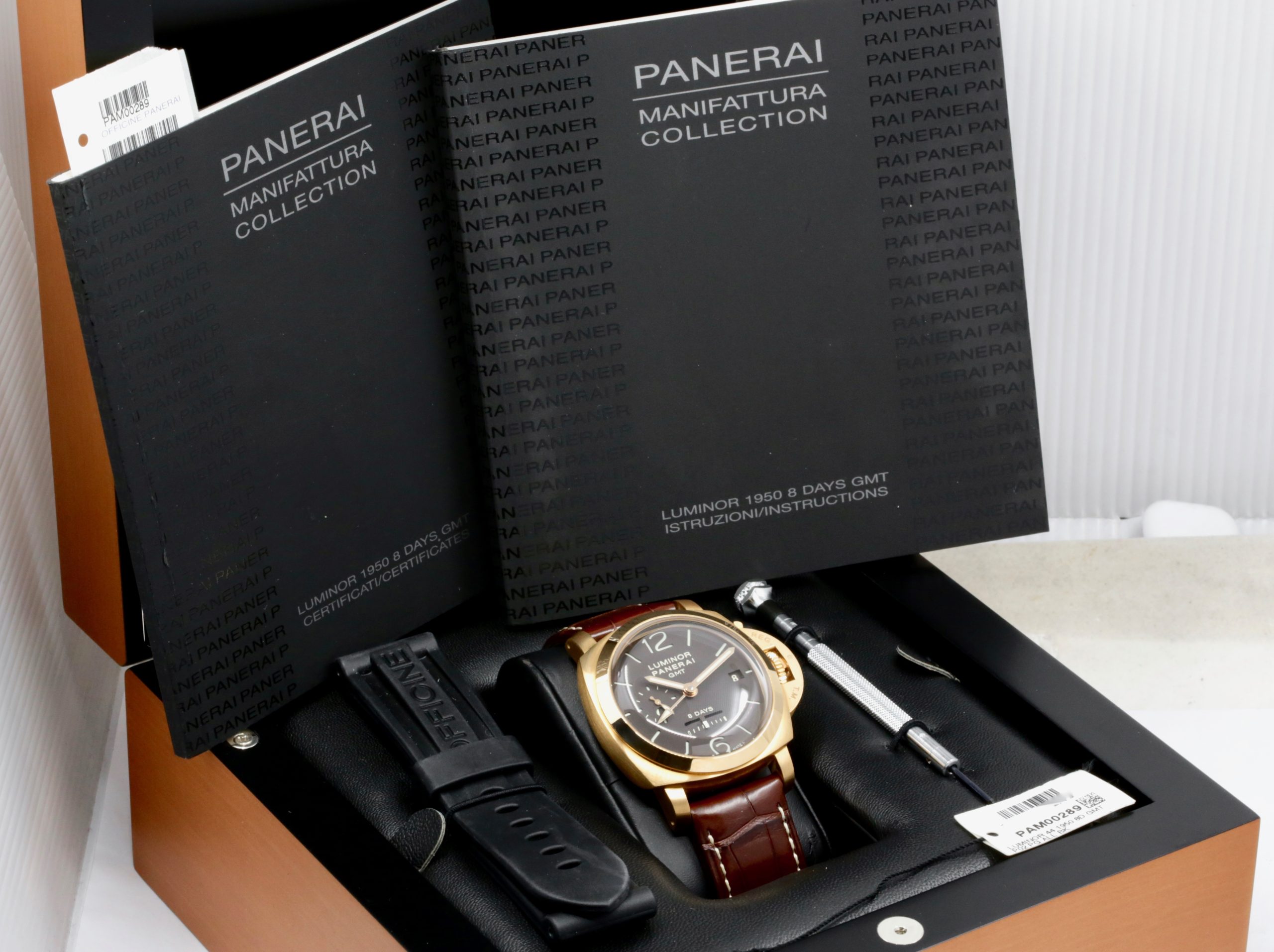 Panerai Luminor 1950 GMT 8 Days GMT Oro Rosa, in 18ct Rose Gold, Brown Sandwich Dial, on Panerai Alligator Strap & 18ct Rose Gold Panerai Tang Buckle, Ref: PAM00289, Circa: 2009, Complete with Box & Papers, - Image 7