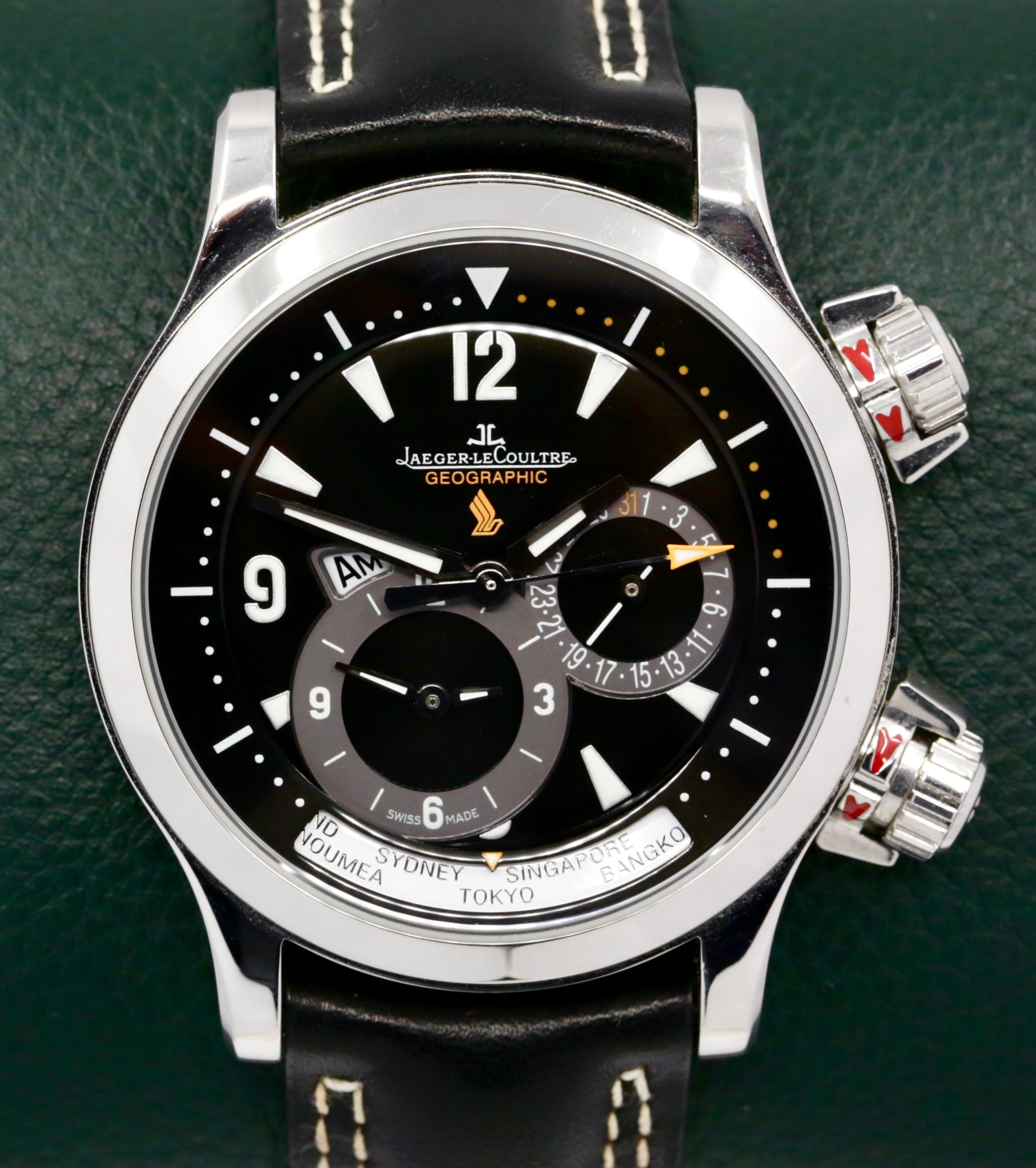 Jaeger-LeCoultre Master Compressor Geographic, Singapore Airlines Edition, Dual-Time, Limited to 50 Pieces, Stainless Steel, Black Dial with Date & AM/PM Indicator, on Black JLC Leather Strap with Stainless Steel JLC Deployant, Ref. 146.8.83, Circa: 2004, with Box, Books, & Papers