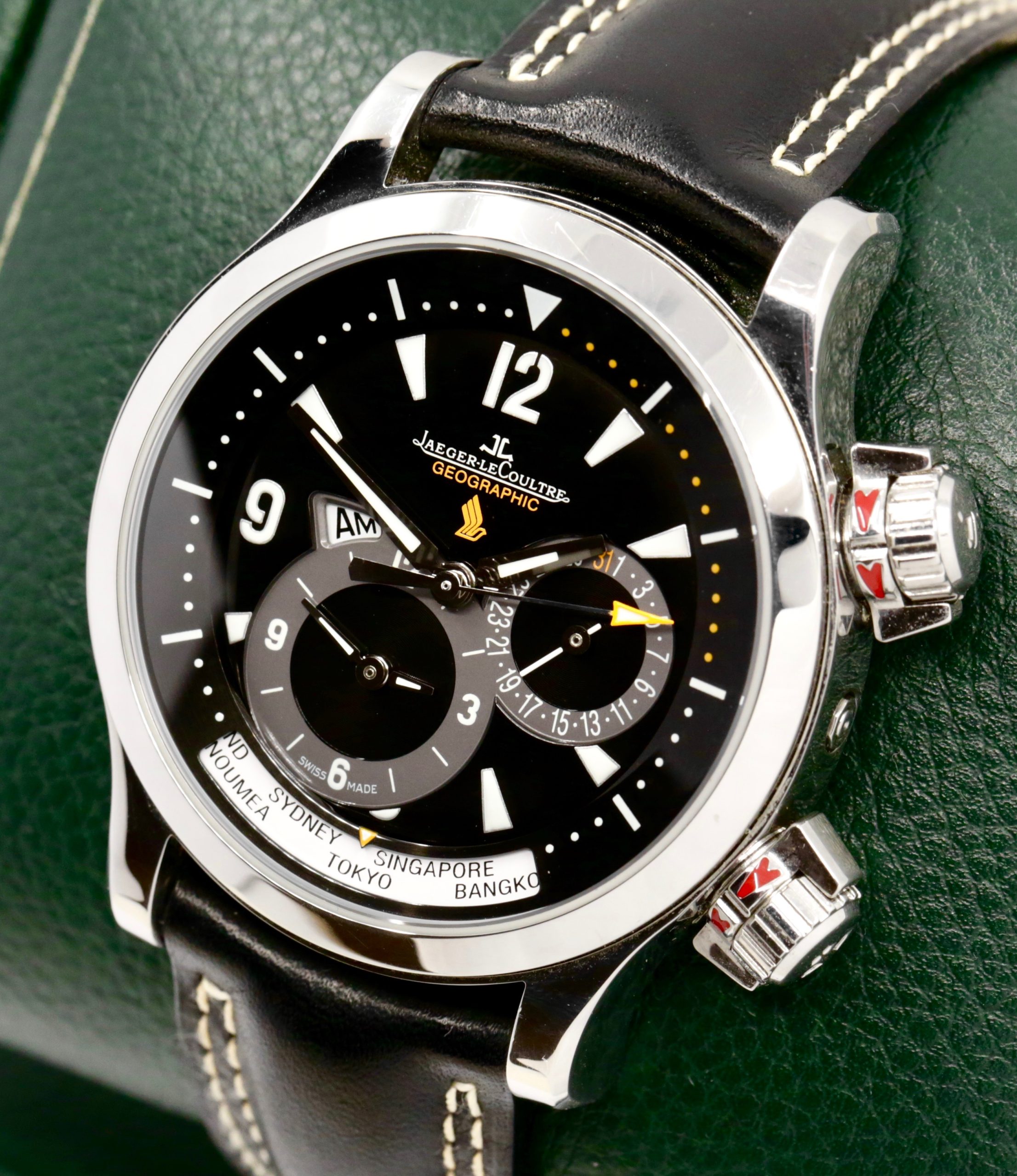 Jaeger-LeCoultre Master Compressor Geographic, Singapore Airlines Edition, Dual-Time, Limited to 50 Pieces, Stainless Steel, Black Dial with Date & AM/PM Indicator, on Black JLC Leather Strap with Stainless Steel JLC Deployant, Ref. 146.8.83, Circa: 2004, with Box, Books, & Papers - Image 3