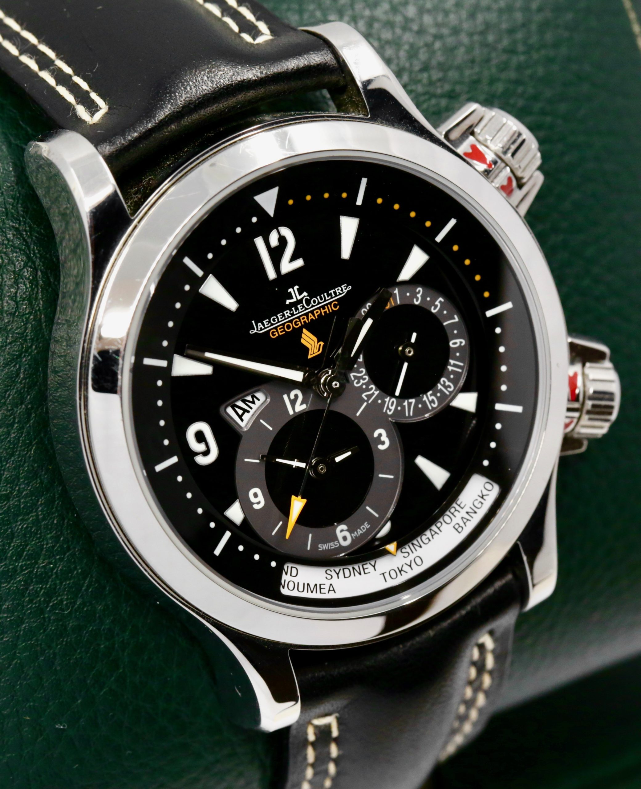 Jaeger-LeCoultre Master Compressor Geographic, Singapore Airlines Edition, Dual-Time, Limited to 50 Pieces, Stainless Steel, Black Dial with Date & AM/PM Indicator, on Black JLC Leather Strap with Stainless Steel JLC Deployant, Ref. 146.8.83, Circa: 2004, with Box, Books, & Papers - Image 2