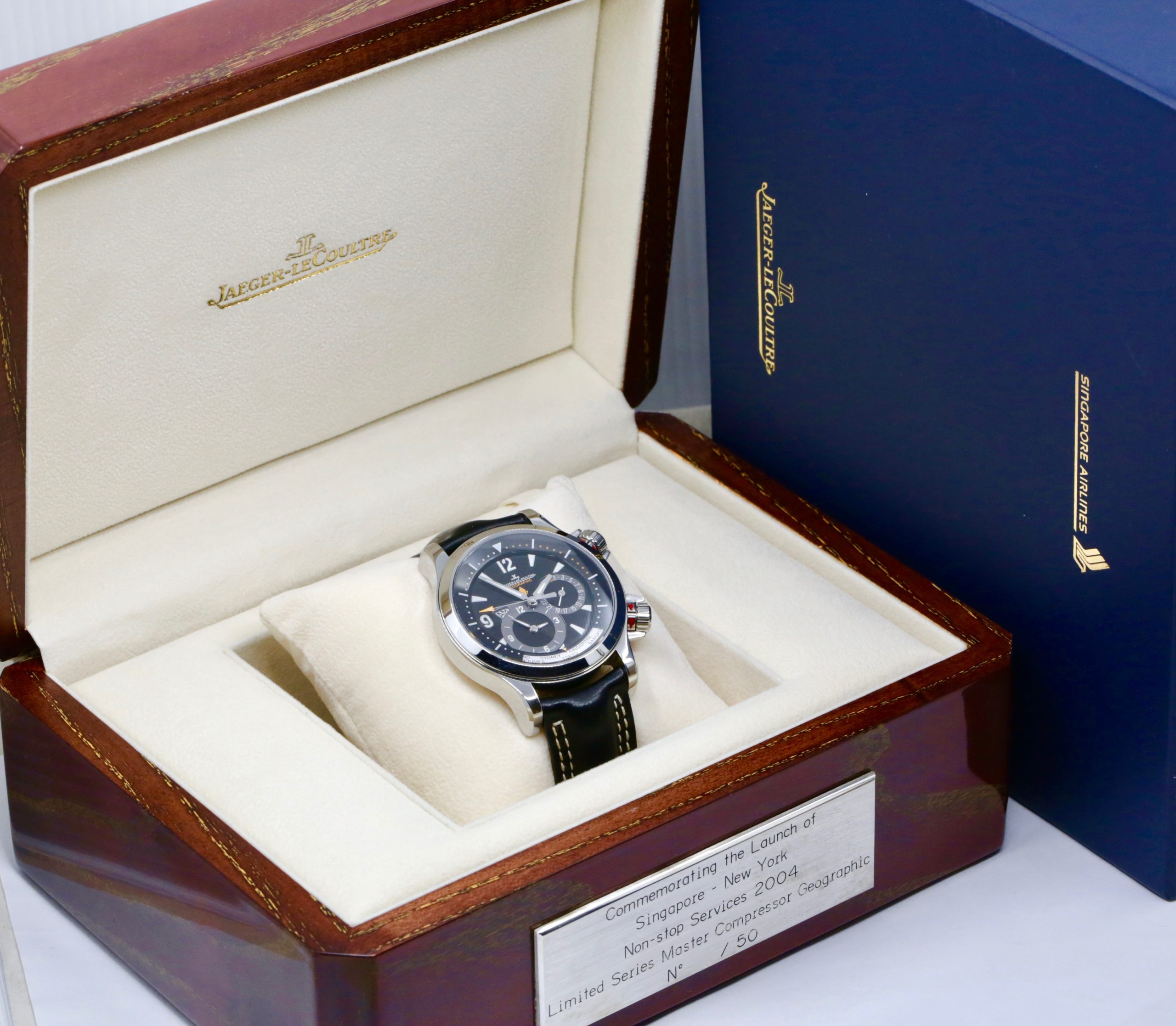 Jaeger-LeCoultre Master Compressor Geographic, Singapore Airlines Edition, Dual-Time, Limited to 50 Pieces, Stainless Steel, Black Dial with Date & AM/PM Indicator, on Black JLC Leather Strap with Stainless Steel JLC Deployant, Ref. 146.8.83, Circa: 2004, with Box, Books, & Papers - Image 9