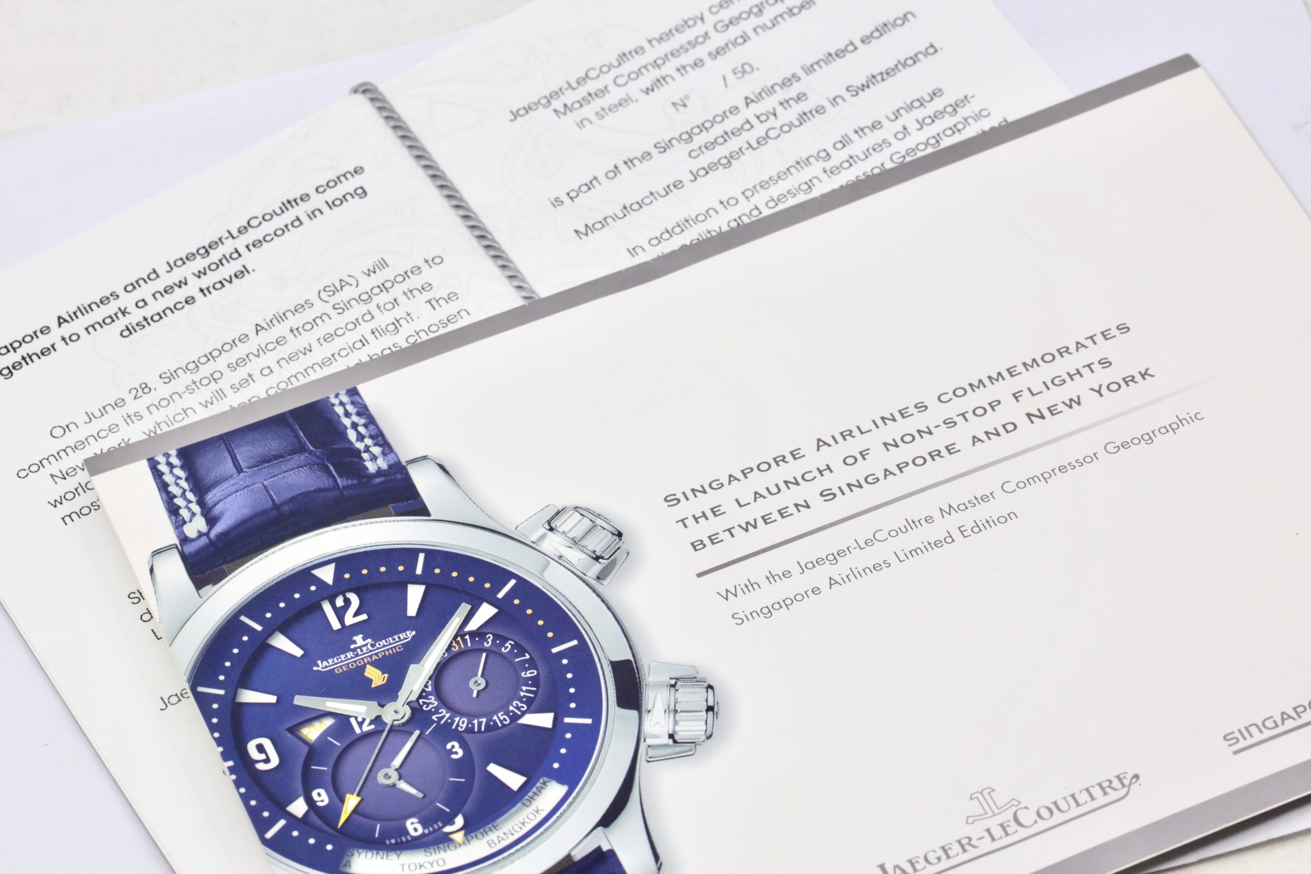 Jaeger-LeCoultre Master Compressor Geographic, Singapore Airlines Edition, Dual-Time, Limited to 50 Pieces, Stainless Steel, Black Dial with Date & AM/PM Indicator, on Black JLC Leather Strap with Stainless Steel JLC Deployant, Ref. 146.8.83, Circa: 2004, with Box, Books, & Papers - Image 7