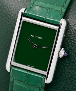 Alternative view of Cartier - Must de Cartier Tank in Stainless Steel, Green Lacquer Dial, Steel-Sword Shaped Hands, on a Green Cartier Alligator Strap and Cartier Tang Buckle, Ref: WSTA0056, Circa: 2021, with Box and Papers