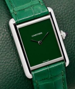 Cartier - Must de Cartier Tank in Stainless Steel, Green Lacquer Dial, Steel-Sword Shaped Hands, on a Green Cartier Alligator Strap and Cartier Tang Buckle, Ref: WSTA0056, Circa: 2021, with Box and Papers