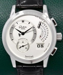 Glashutte Original PanoGraph, Flyback Chronograph, in Stainless Steel, Silver Dial with a Panoramic Big date, on Black Leather Strap with a Stainless Steel Glashutte Deployant, Ref.61-01-02-02-04, with Box & Papers
