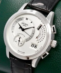Alternative view of Glashutte Original PanoGraph, Flyback Chronograph, in Stainless Steel, Silver Dial with a Panoramic Big date, on Black Leather Strap with a Stainless Steel Glashutte Deployant, Ref.61-01-02-02-04, with Box & Papers