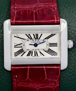 Cartier Tank Divan Mini in Stainless Steel, Silver Roman Dial, Blued Steel Sword-Shaped Hands; on a Burgundy Cartier Alligator Strap with Stainless Steel Cartier Tang Buckle, Ref. 2599, Circa 2004.