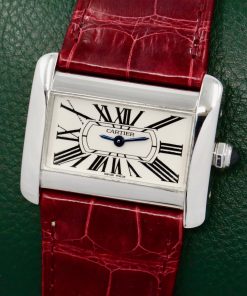 Alternative view of Cartier Tank Divan Mini in Stainless Steel, Silver Roman Dial, Blued Steel Sword-Shaped Hands; on a Burgundy Cartier Alligator Strap with Stainless Steel Cartier Tang Buckle, Ref. 2599, Circa 2004.