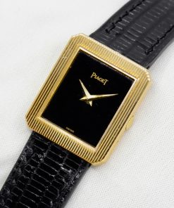 Alternative view of Ladies Piaget Protocole, in 18ct Yellow Gold, 23mm x 20mm Rectangular Case, Black Dial, on Custom Made Artisan Alligator Leather Strap with 18ct Yellow Gold Tang Buckle, Ref. 4154, Circa: 1990