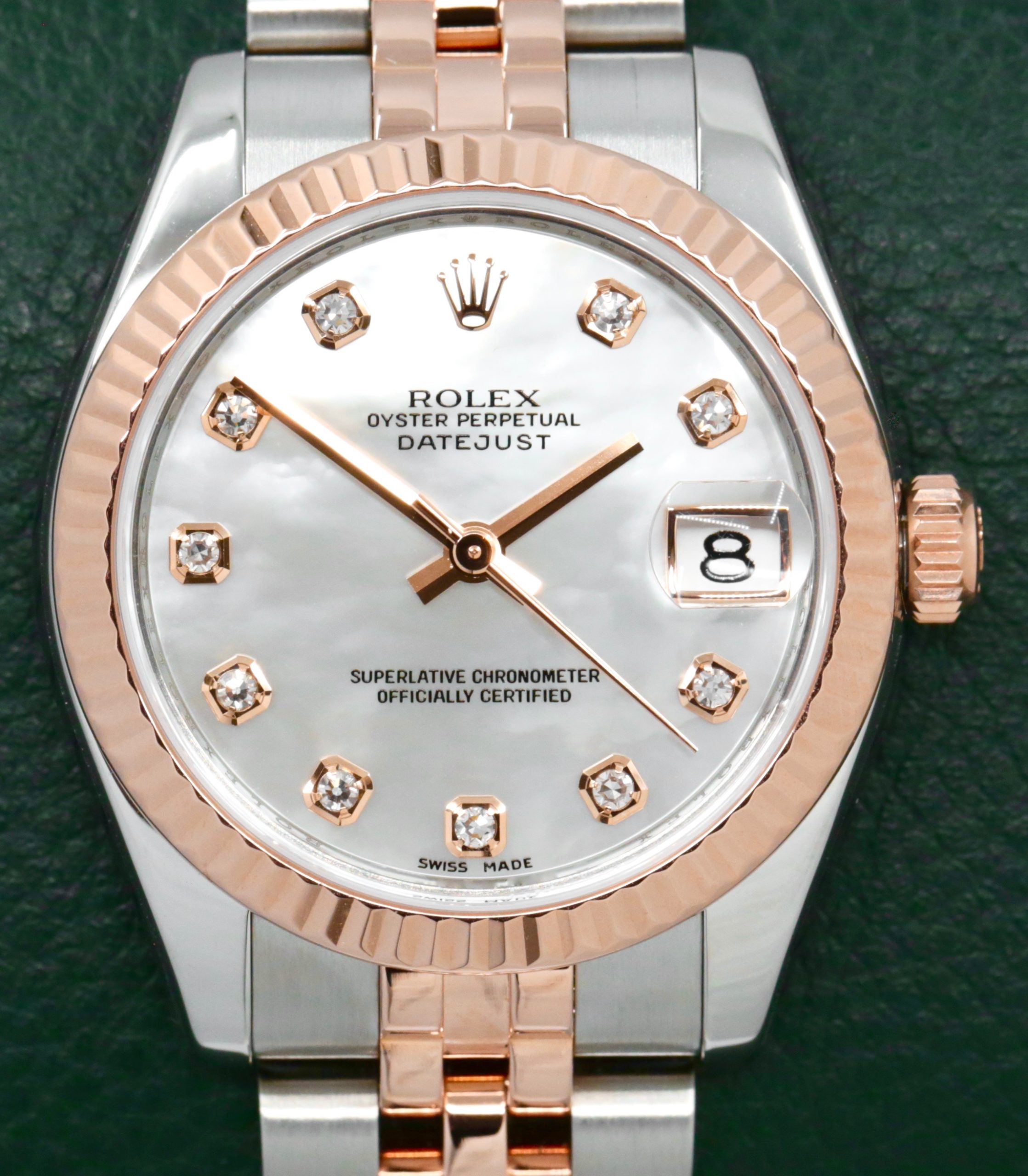 Rolex Datejust 31, in Stainless Steel & 18ct Everose Gold, Fluted Gold Bezel, Mother of Pearl Dial with Factory Set Diamond Markers, on Stainless Steel & 18ct Everose Gold Rolex Jubilee Bracelet, Ref. 178271, Box, Book, Rolex Service Card, Circa: 2009