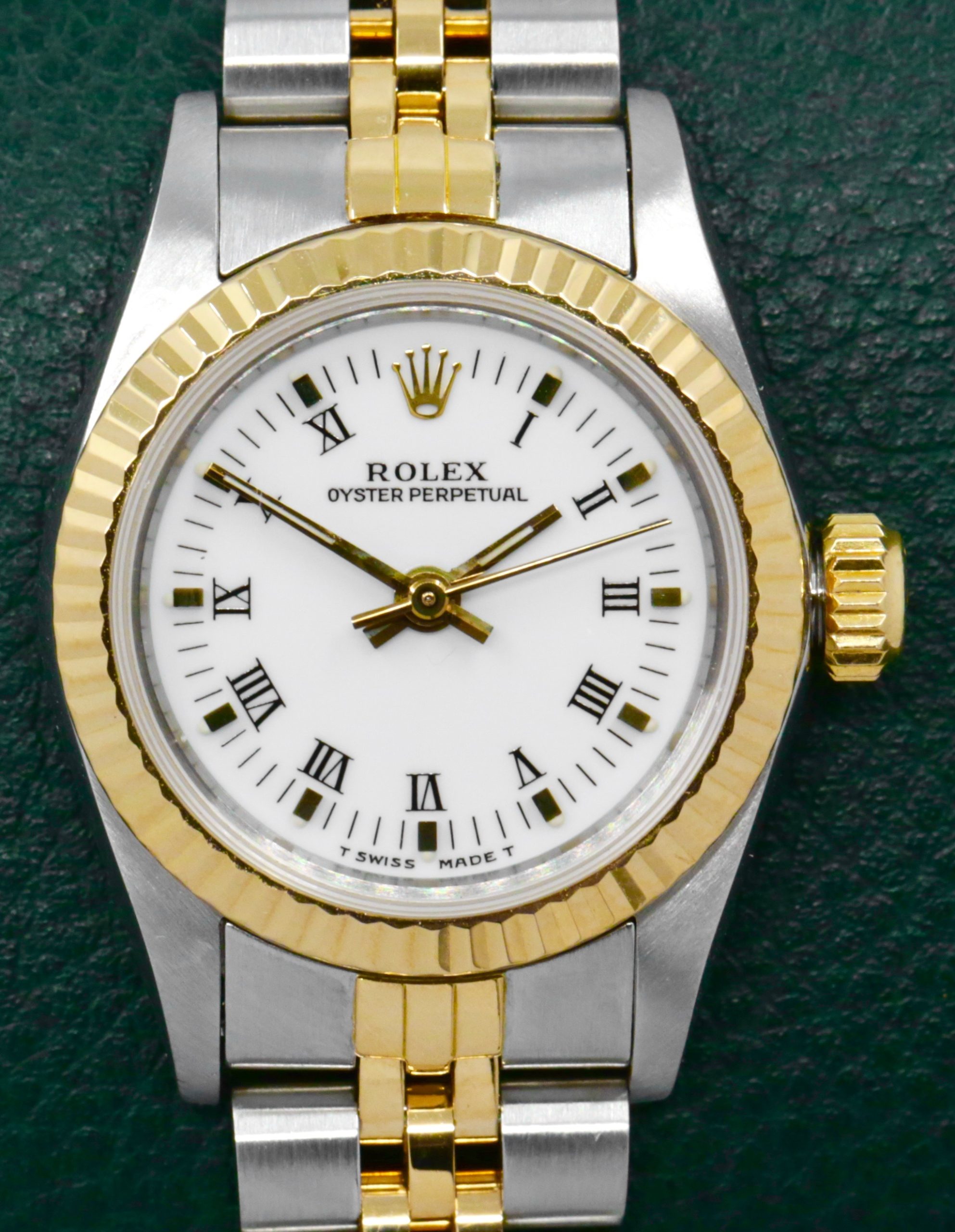 Rolex Oyster Perpetual 24mm in Stainless Steel and 18ct Yellow Gold, 18ct Yellow Gold Fluted Bezel, White Roman Dial on a Rolex Jubilee Bracelet. Ref. 67193, Circa 1990 with Box, Books, Swing Tag, Rolex Folder and Rolex Warranty Certificate - $6,950 inc GST!! - Image 3