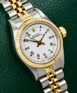 Rolex Oyster Perpetual 24mm in Stainless Steel and 18ct Yellow Gold, 18ct Yellow Gold Fluted Bezel, White Roman Dial on a Rolex Jubilee Bracelet. Ref. 67193, Circa 1990 with Box, Books, Swing Tag, Rolex Folder and Rolex Warranty Certificate - $6,950 inc GST!!