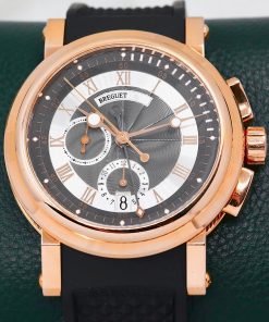 Breguet Marine 5827 Flyback Chronograph, in 18ct Rose Gold, 42mm Coin Edge Case Sides, Grey Guilloché Dial with Sub-Dials at 6, 9 O'clock on Breguet Rubber Strap with 18ct Rose Gold Deployant, Ref: 5827BRZ25ZU, Circa: 2018, with Box and Papers