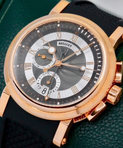 Alternative view of Breguet Marine 5827 Flyback Chronograph, in 18ct Rose Gold, 42mm Coin Edge Case Sides, Grey Guilloché Dial with Sub-Dials at 6, 9 O'clock on Breguet Rubber Strap with 18ct Rose Gold Deployant, Ref: 5827BRZ25ZU, Circa: 2018, with Box and Papers