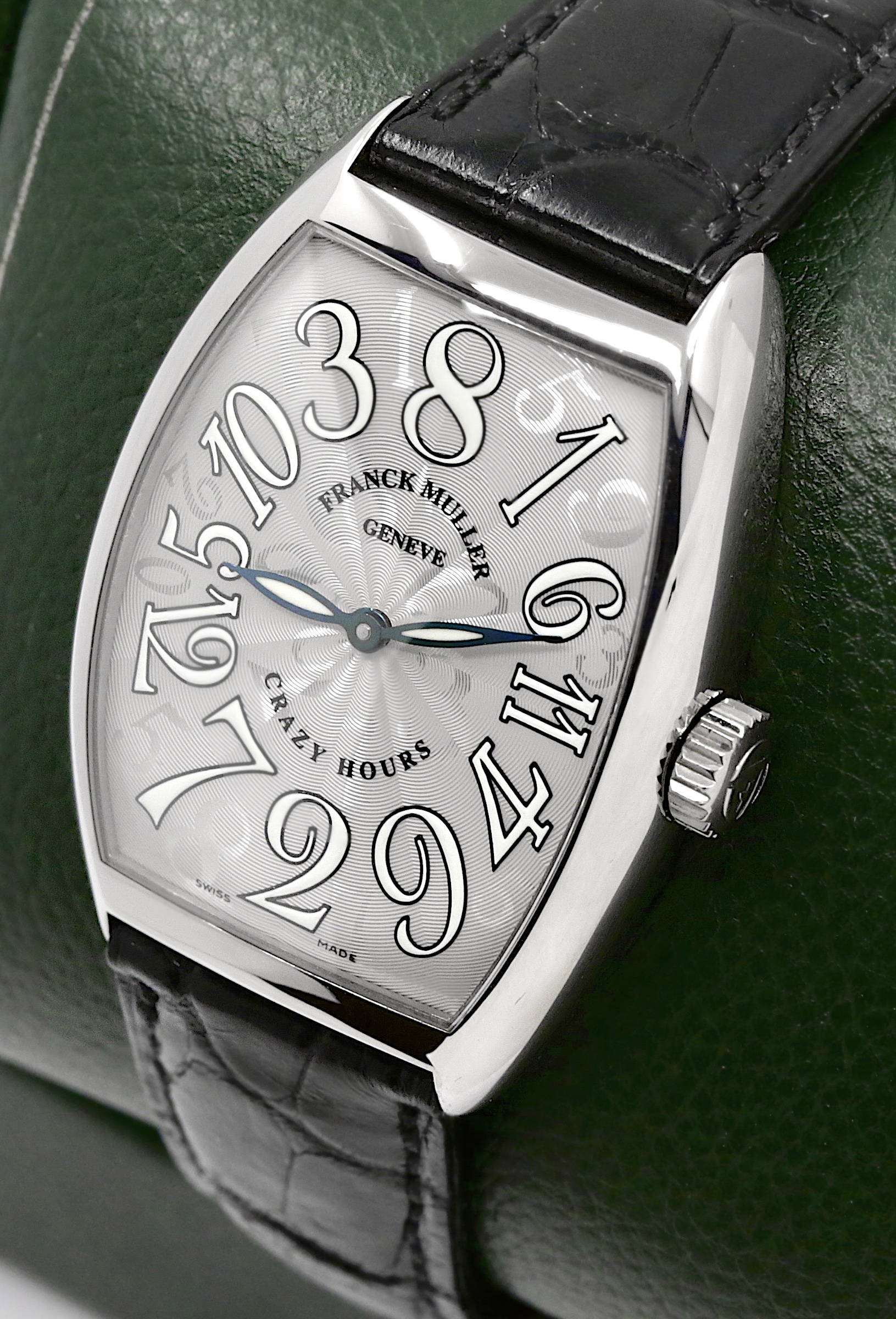 Franck Muller Cintrée Curvex Crazy Hours, 18ct White Gold Case, Silver Crazy Hours Guilloche Dial with Exploding Arabic Numerals, Automatic Movement, on Black Franck Muller Crocodile Strap with 18ct White Gold Franck Muller Tang Buckle, Ref 7851 CH, Circa: 2008 - Image 3