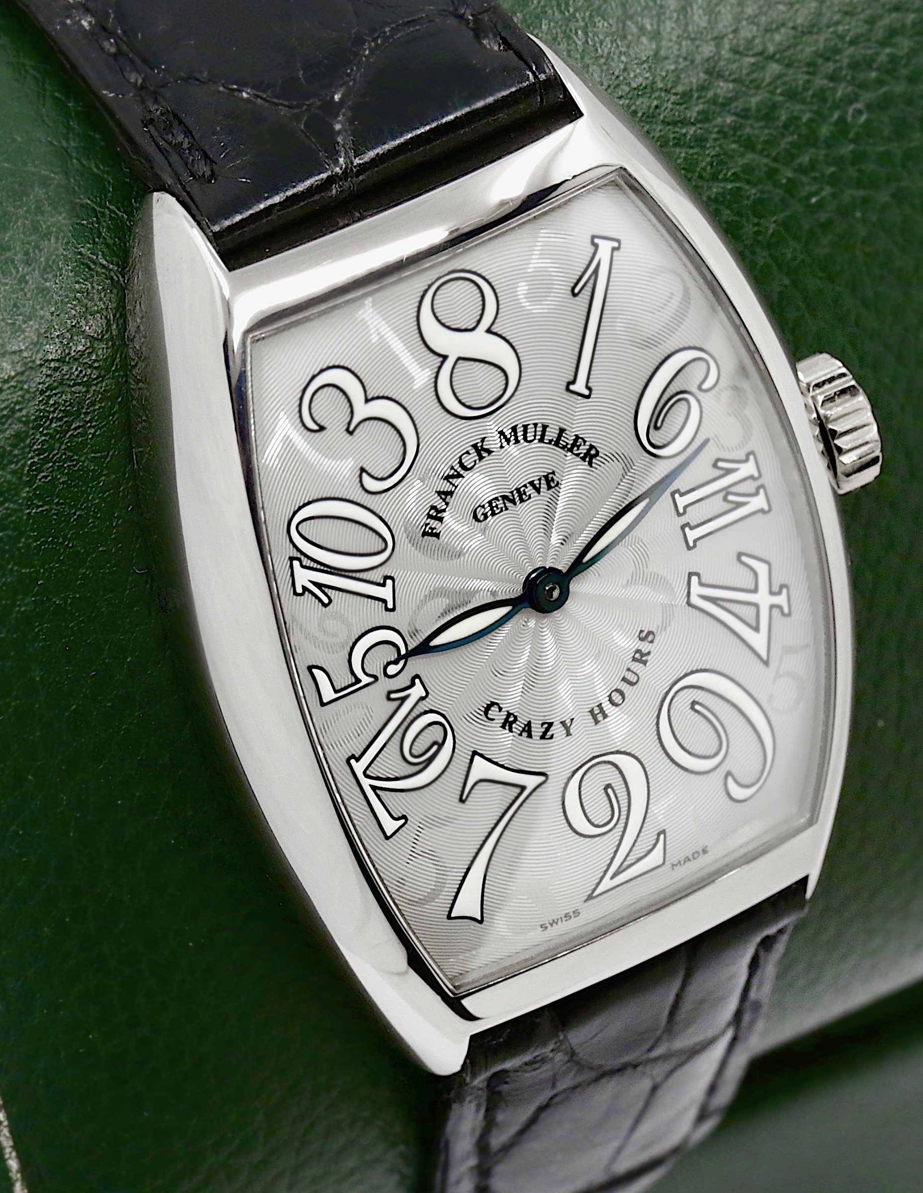 Franck Muller Cintrée Curvex Crazy Hours, 18ct White Gold Case, Silver Crazy Hours Guilloche Dial with Exploding Arabic Numerals, Automatic Movement, on Black Franck Muller Crocodile Strap with 18ct White Gold Franck Muller Tang Buckle, Ref 7851 CH, Circa: 2008 - Image 2