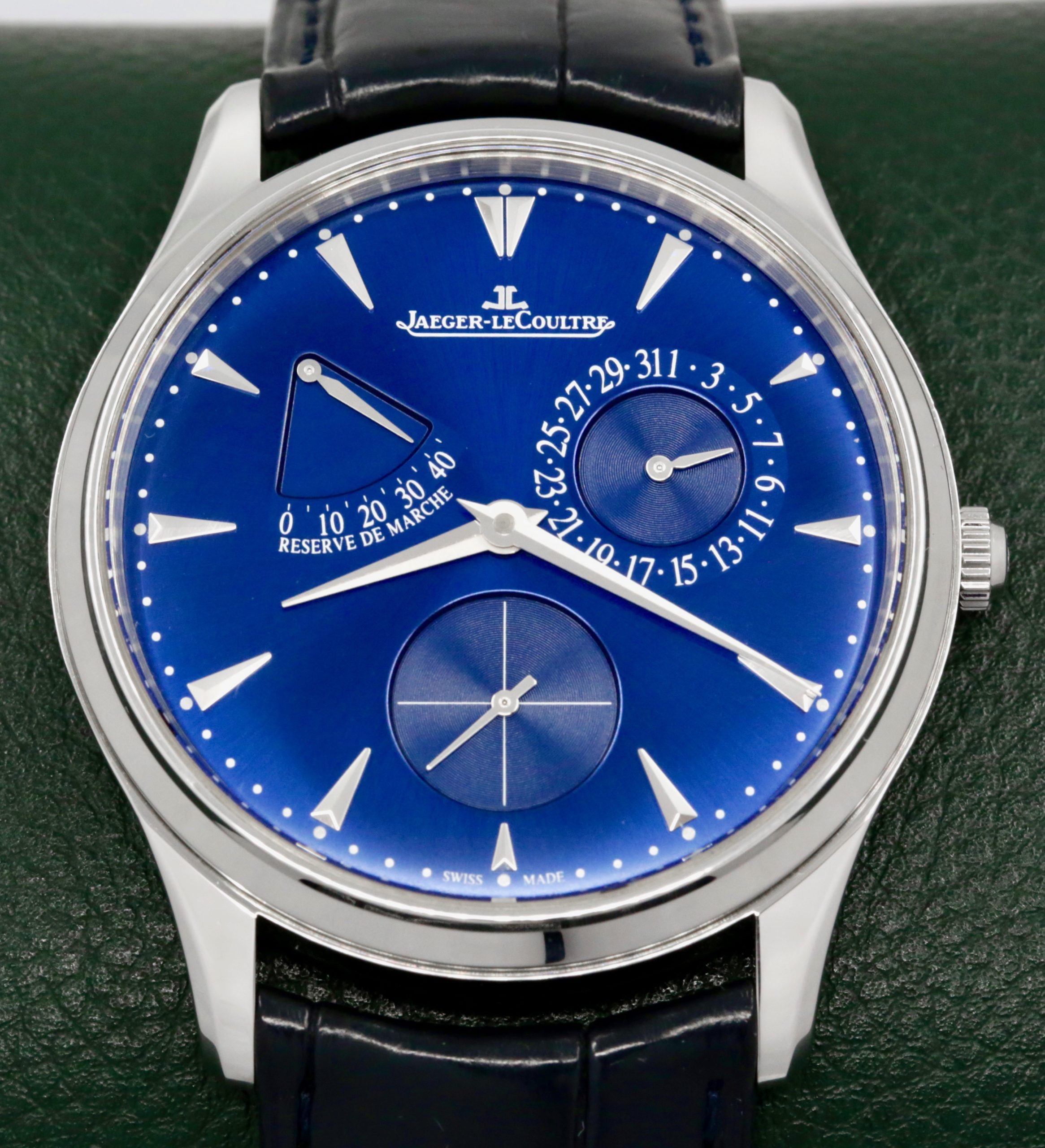 Jaeger-LeCoultre Master Reserve de Marche, 39 mm Stainless Steel Case, Blue Index Dial with Date & Power Reserve, on Black JLC Alligator Strap & JLC Deployant, Ref: Q1378480, Circa 2018, Complete with Box and Papers - $8,500 inc GST!!
