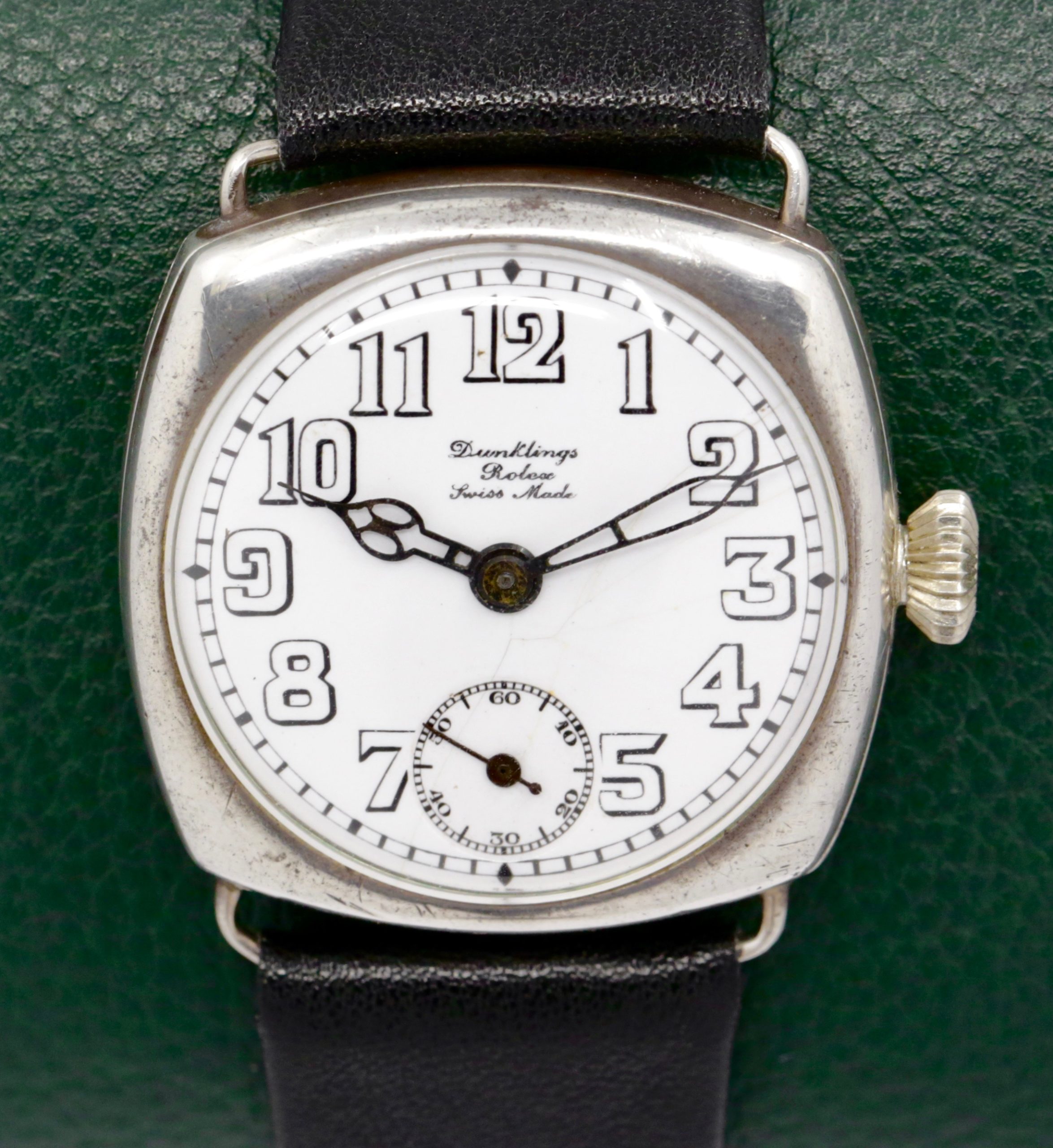 Vintage Rolex Wristwatch, Retailed by "Dunklings", .925 Silver Cushion Case, White Enamel Dial with Subsidiary Seconds, with Original Dunklings Box, Ref. 3664, Circa: 1920's - $3,800 inc GST!!