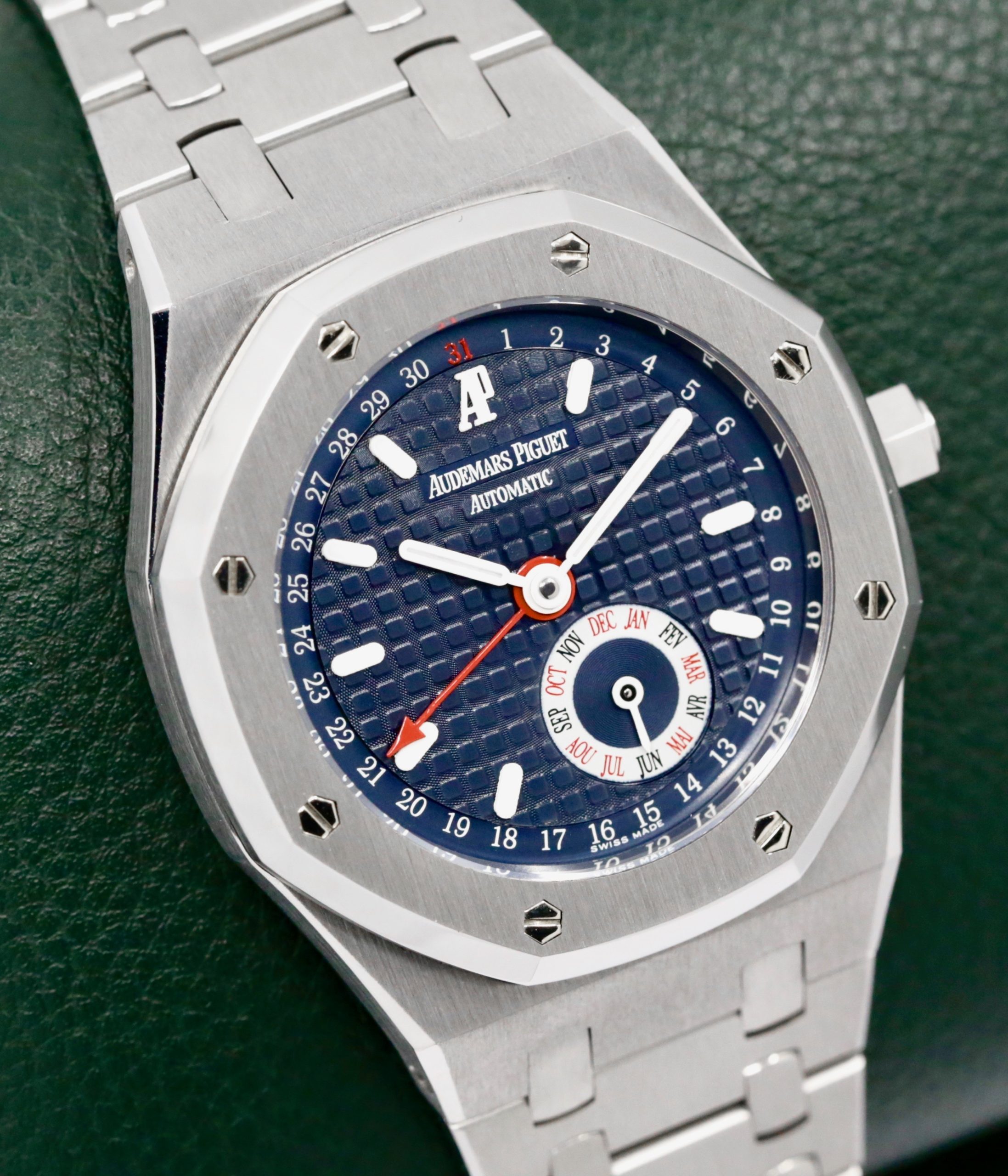 Audemars Piguet Royal Oak Annual Calendar, 36mm Stainless Steel Case, with Blue "Tapisserie" Dial with Month Sub-Dial & Pointer Date, on Stainless Steel Audemars Piguet Royal Oak Bracelet, Ref. 25920ST, Circa: 1999, with Audemars Piguet Box, Stylus Tool, & Book