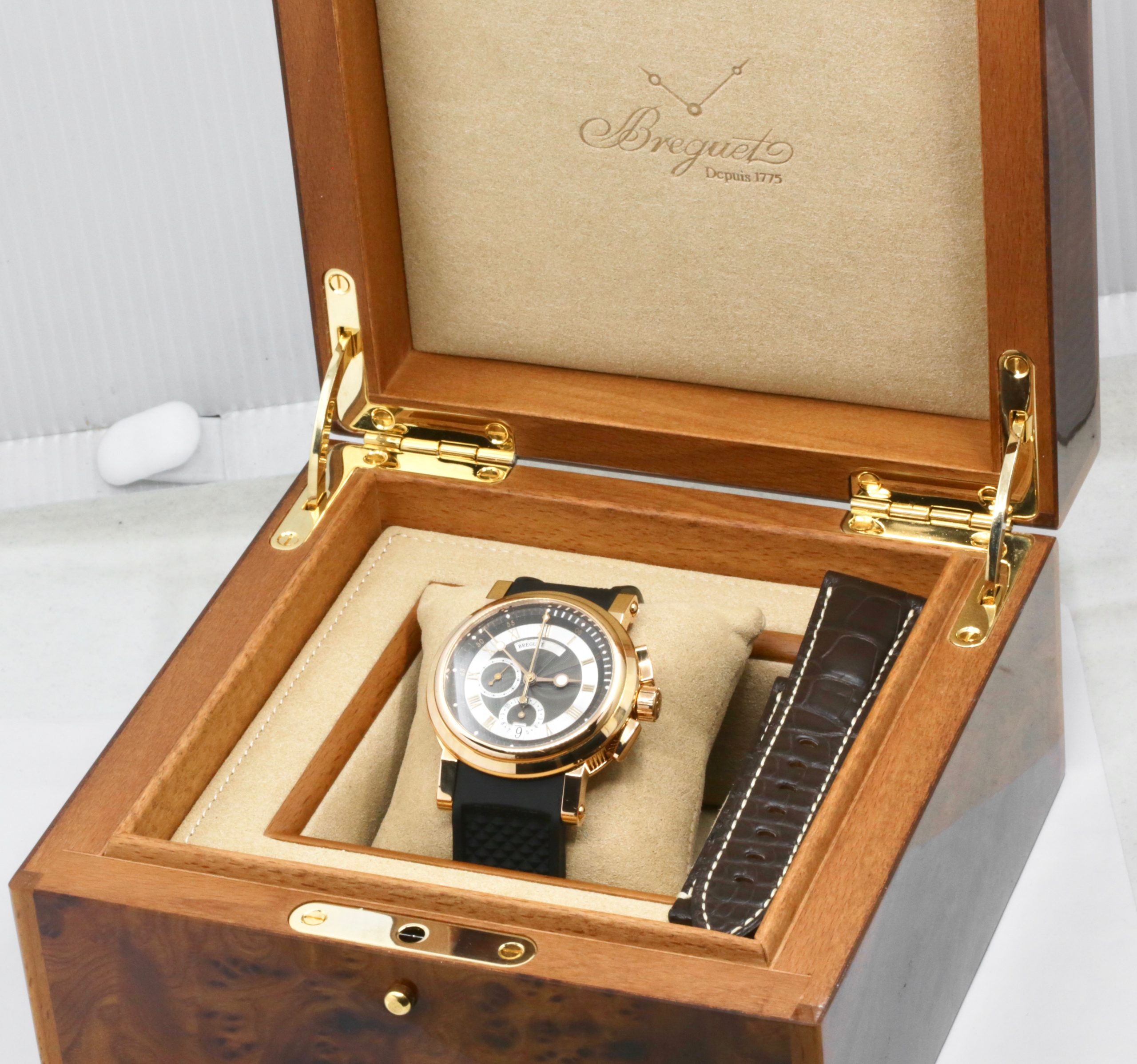 Breguet Marine 5827 Flyback Chronograph, in 18ct Rose Gold, 42mm Coin Edge Case Sides, Grey Guilloché Dial with Sub-Dials at 6, 9 O'clock on Breguet Rubber Strap with 18ct Rose Gold Deployant, Ref: 5827BRZ25ZU, Circa: 2018, with Box and Papers - Image 8
