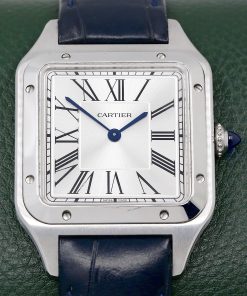 Cartier Santos Dumont, Large Model in Stainless Steel, Silver Roman Dial, on Navy Blue Cartier Alligator Strap with Stainless Steel Cartier Tang Buckle, Ref. WSSA0022, Circa: 2023, Full Set - Box, Book, Cartier Warranty Card & Balance of Extended 8 Year Cartier Factory Warranty - $4,950 inc GST!!!