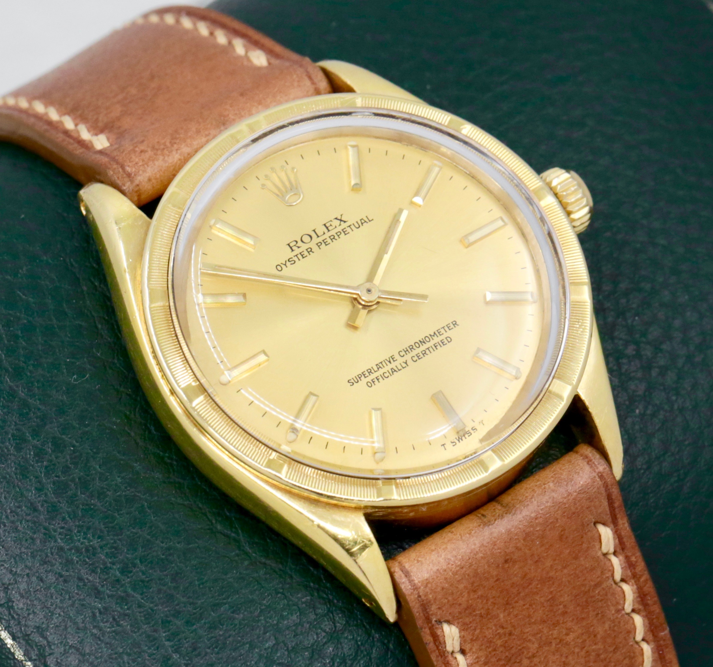 Rolex Oyster Perpetual in 18ct Yellow Gold, 18ct Engine Turned Bezel, Champagne Index Dial, on Tan Artisan Leather Strap. Ref. 1007, Circa 1960’s - $8,800 inc GST!! - Image 3