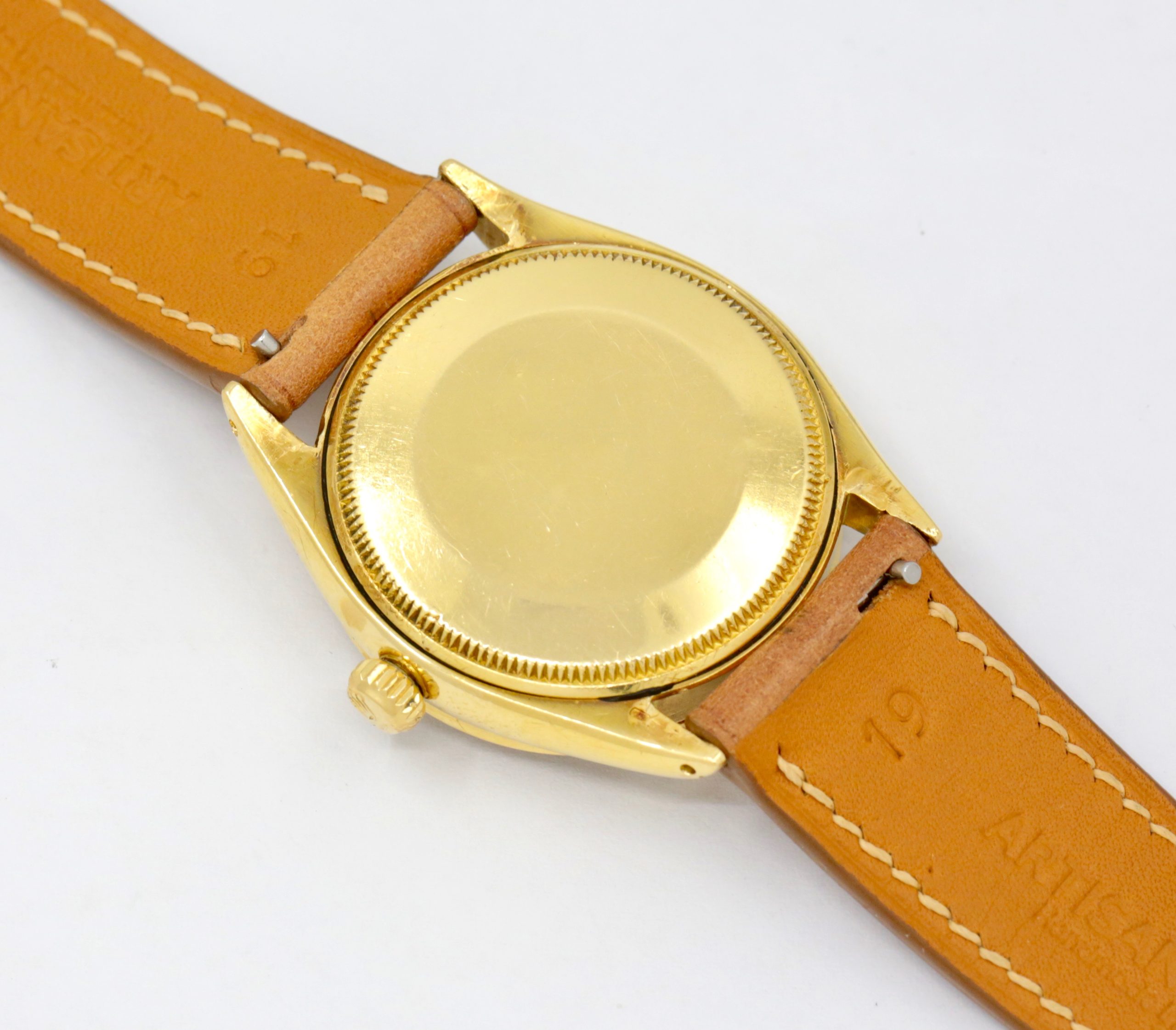 Rolex Oyster Perpetual in 18ct Yellow Gold, 18ct Engine Turned Bezel, Champagne Index Dial, on Tan Artisan Leather Strap. Ref. 1007, Circa 1960’s - $8,800 inc GST!! - Image 5