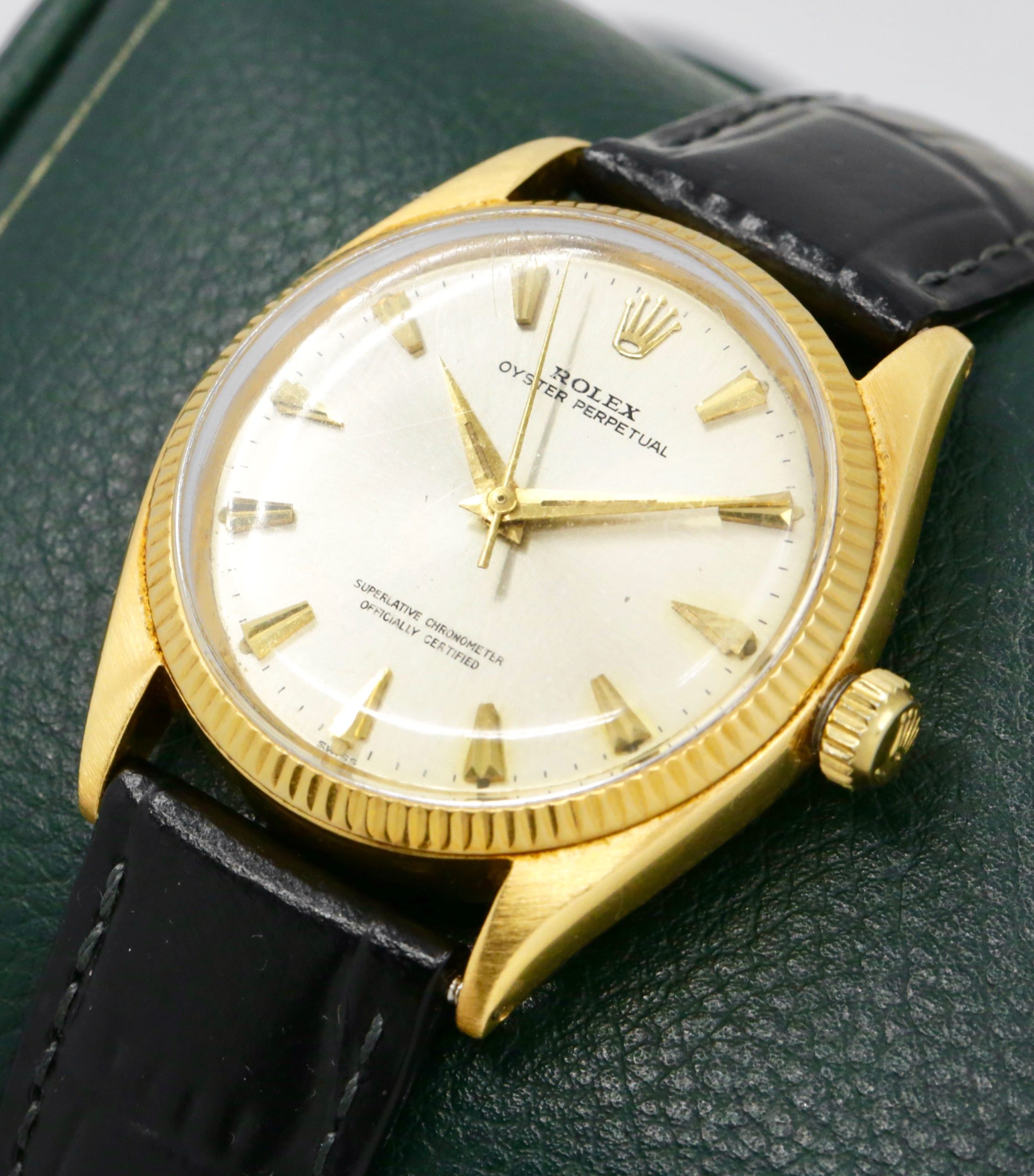Rolex Oyster Perpetual in 18ct Yellow Gold , 18ct Fluted Bezel, Silver Index Dial, Rolex Calibre 1560, on a Black Leather Strap with a Rolex Gold Buckle. Ref: 1005, Ca. 1960's - $5,500 inc GST - *Sold as traded - Image 3