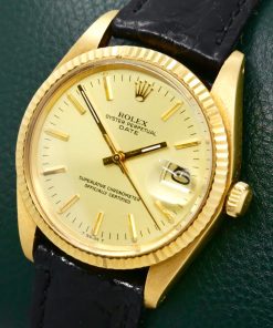 Alternative view of Rolex Oyster Perpetual Date 34mm in 18ct Yellow Gold, Champagne Index Dial with Date, on a Black Crocodile Strap with Rolex Tang Buckle. Ref: 1503, Circa 1979