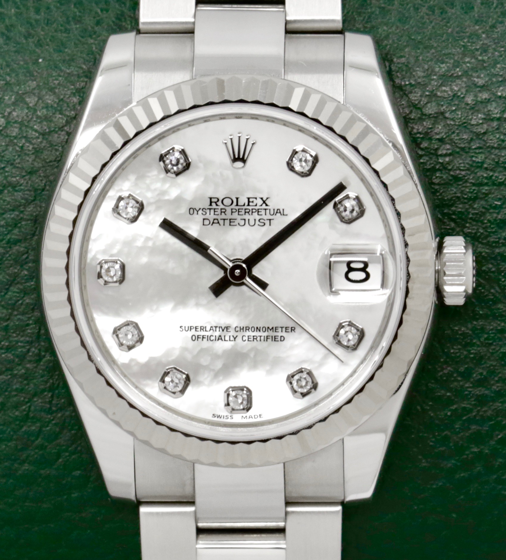 Rolex Datejust 31, Stainless Steel, 18ct White Gold Fluted Bezel, Mother of Pearl Diamond Dial with Factory Set Diamond Markers, on Stainless Steel Rolex Oyster Bracelet, Ref. 178274, Circa: 2007, Complete with Box, Books, Swing Tags, & Rolex Warranty Certificate