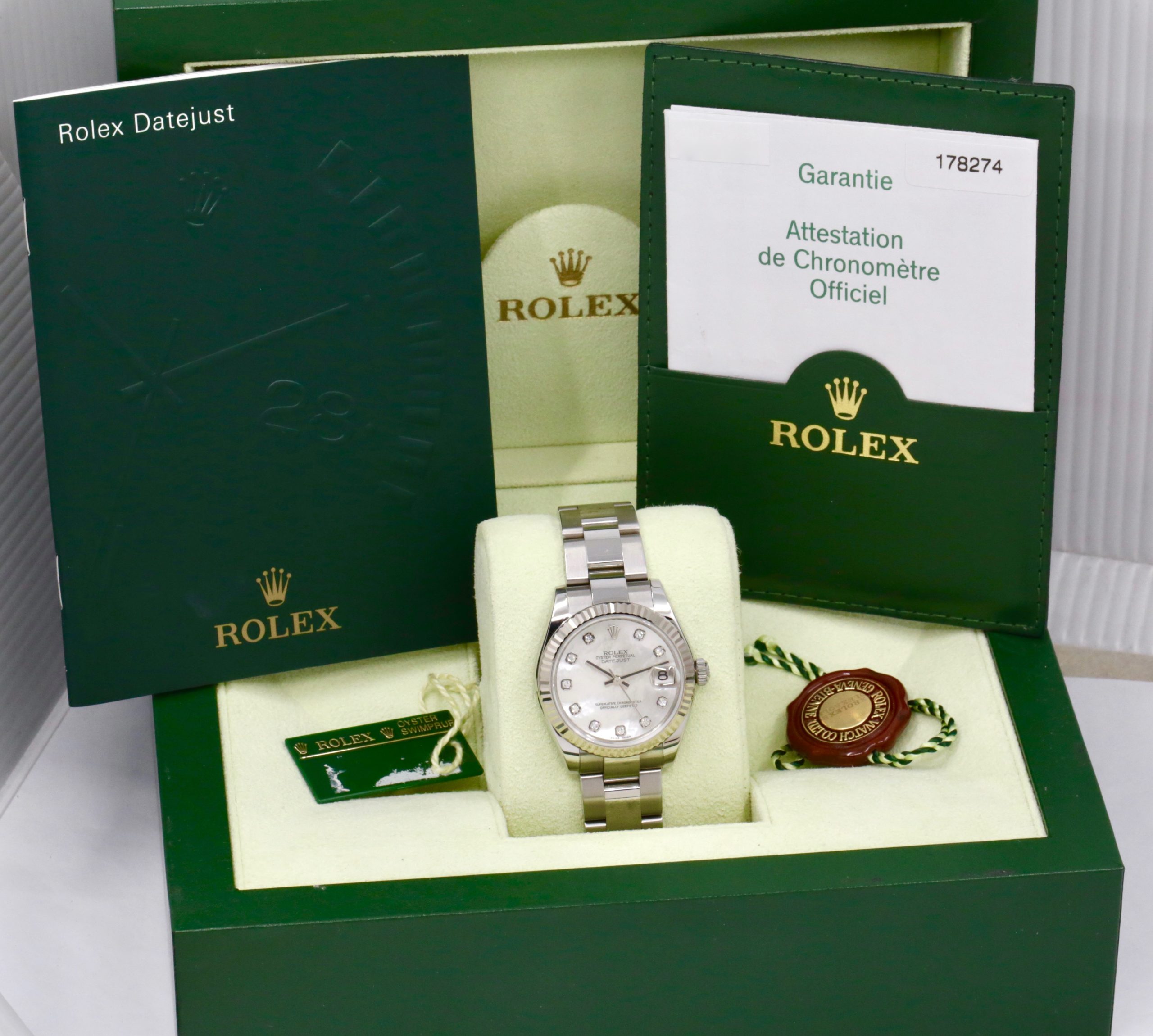 Rolex Datejust 31, Stainless Steel, 18ct White Gold Fluted Bezel, Mother of Pearl Diamond Dial with Factory Set Diamond Markers, on Stainless Steel Rolex Oyster Bracelet, Ref. 178274, Circa: 2007, Complete with Box, Books, Swing Tags, & Rolex Warranty Certificate - Image 8