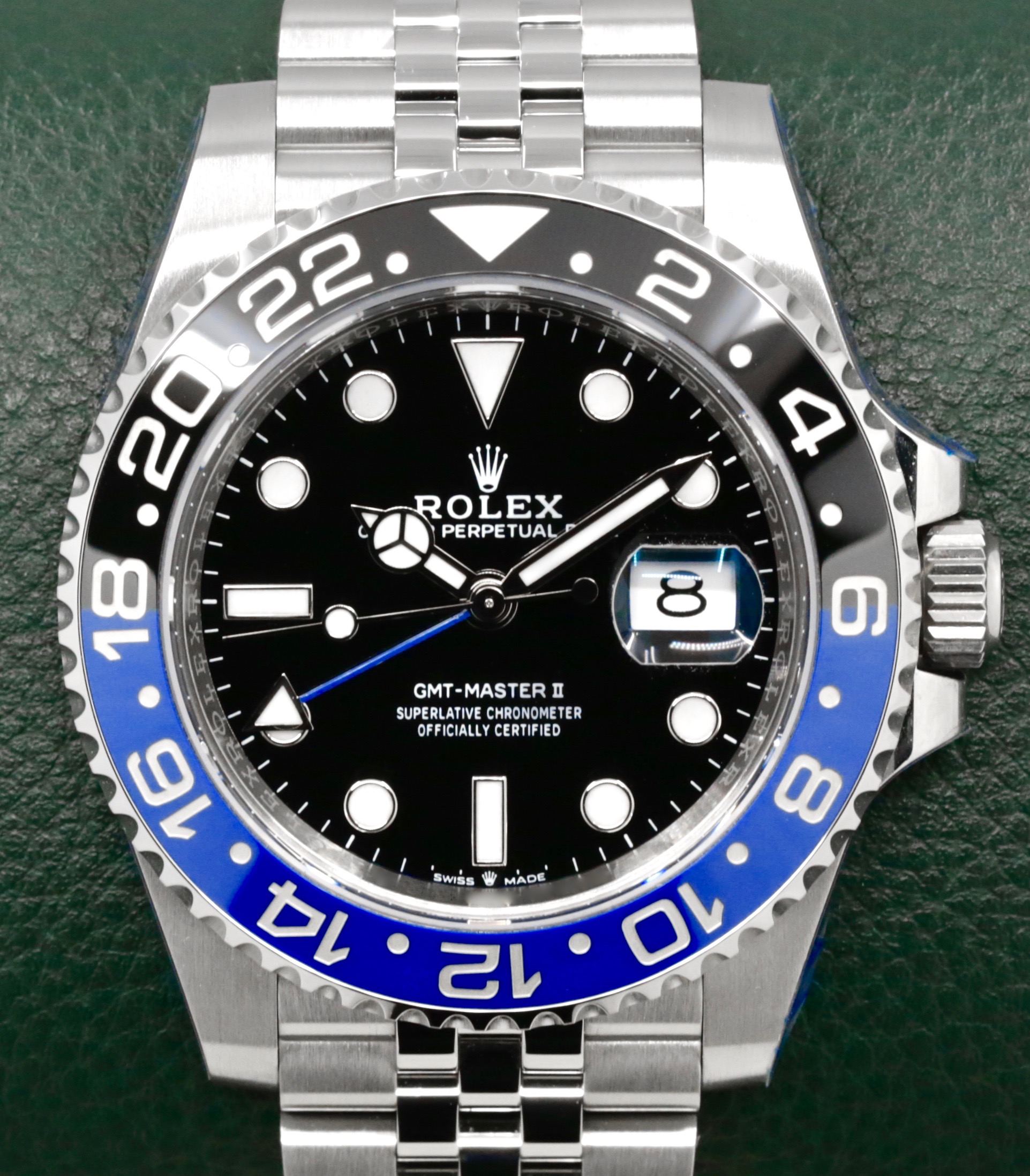Rolex GMT-Master II “Batgirl”, Stainless Steel, Black & Blue Ceramic Bezel, Black Dial, on Stainless Steel Rolex Jubilee Bracelet, Ref. 126710BLNR, Year: 2023, Complete with Box, Books, Green & White Swing Tags, Rolex Warranty Card and Balance of 5 Year Factory Warranty