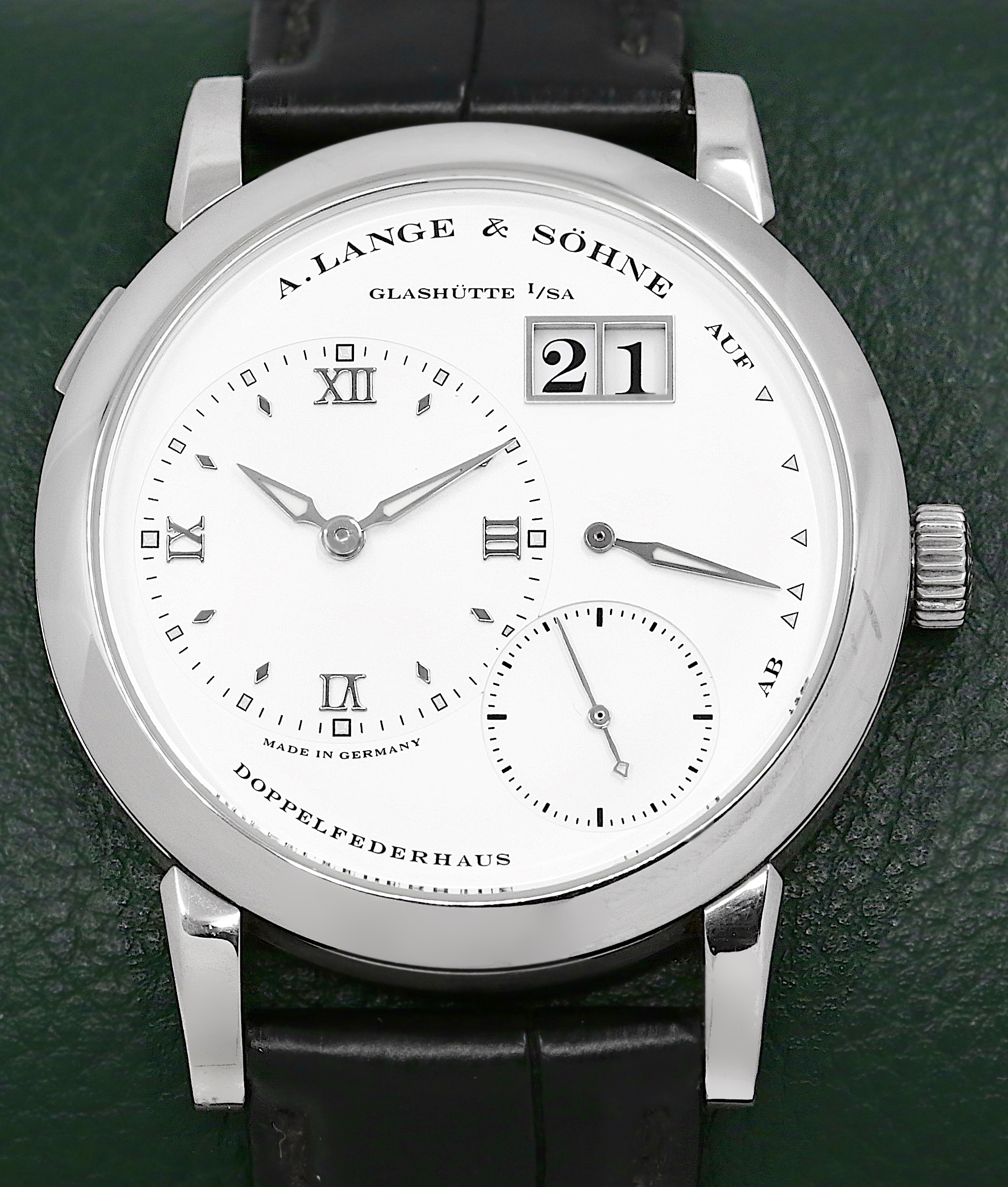 A. Lange & Söhne Lange 1, in 18ct White Gold, 38.5mm, Argenté Dial, on Black A. Lange & Söhne Alligator Strap with 18ct White Gold Lange Tang Buckle, Ref. 101.039, Year: 2014, with Box & Papers